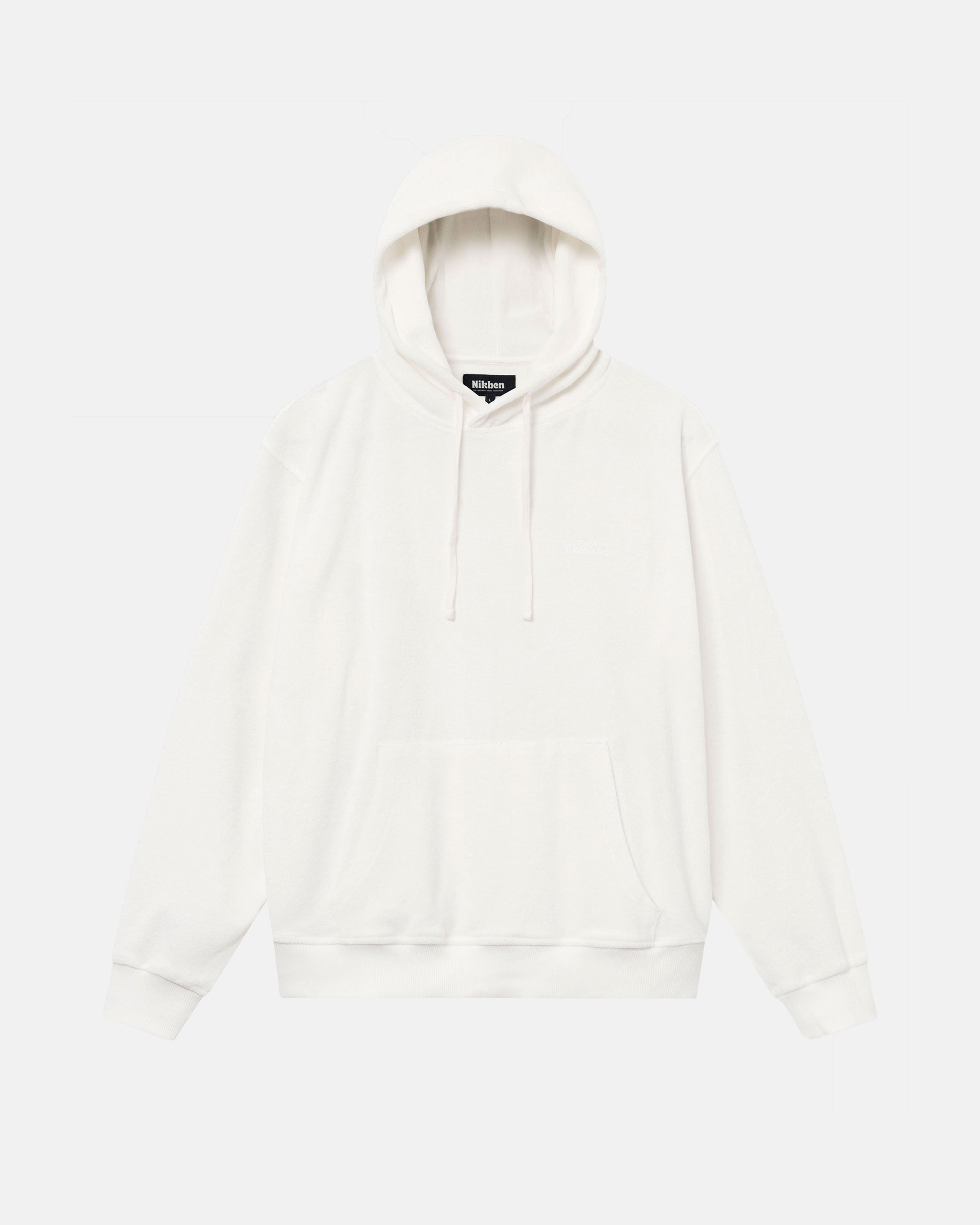 Off White hoodie made from terry toweling cloth. It features drawstrings, a single front pocket, and a white embroidered 