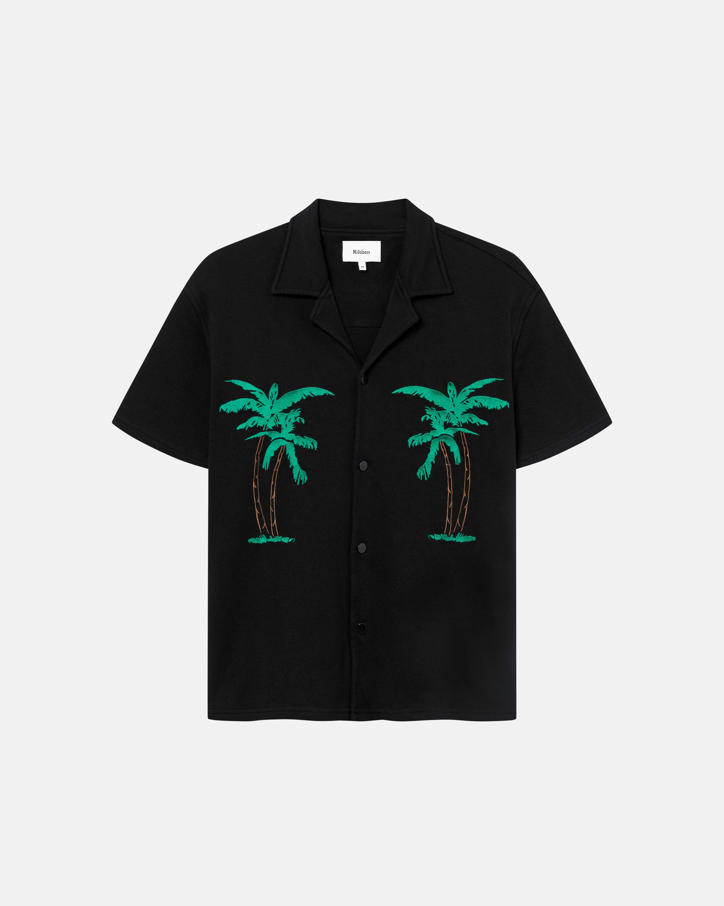 Black short-sleeved shirt with palm tree embroidery