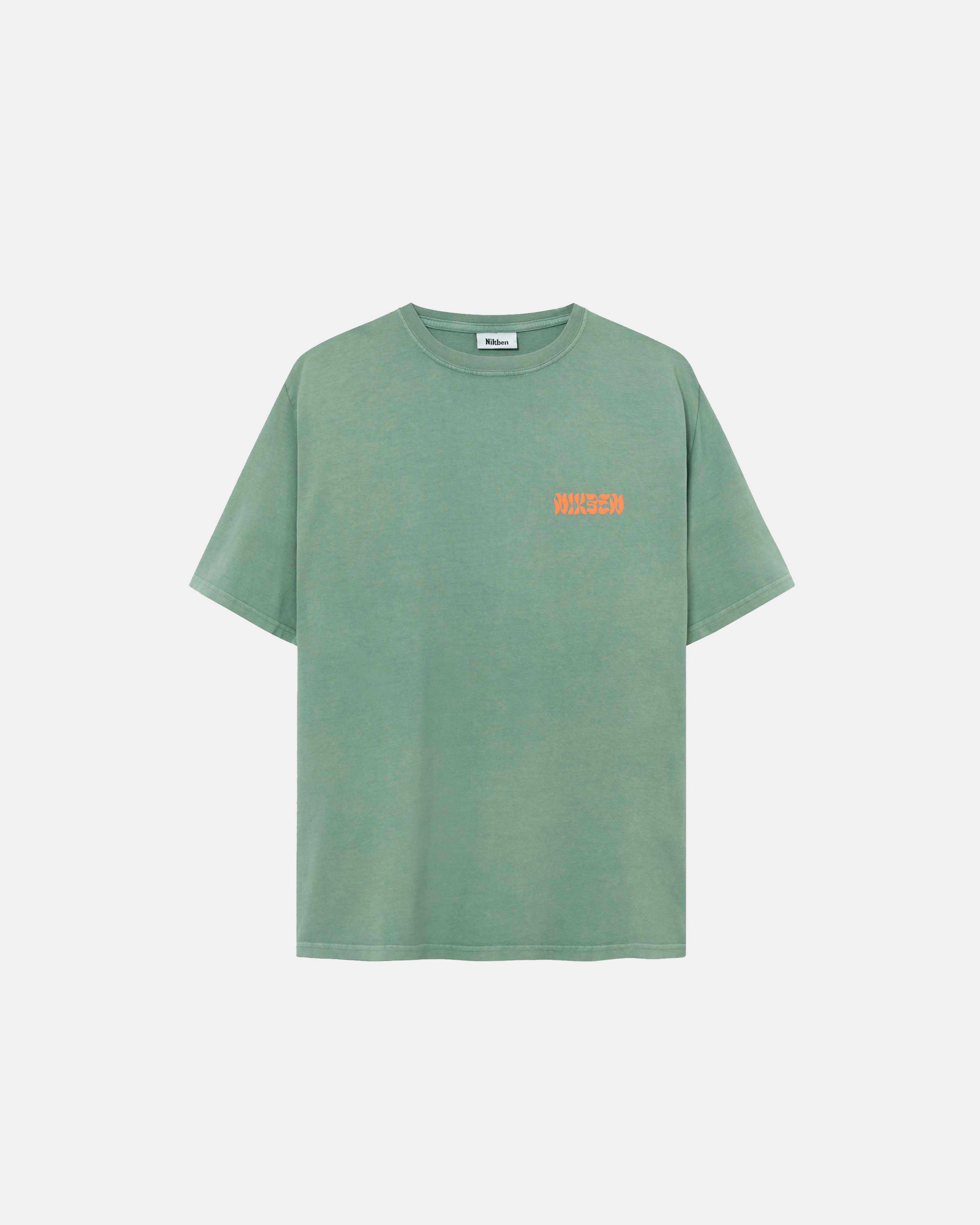 Green t-shirt with orange puffy 