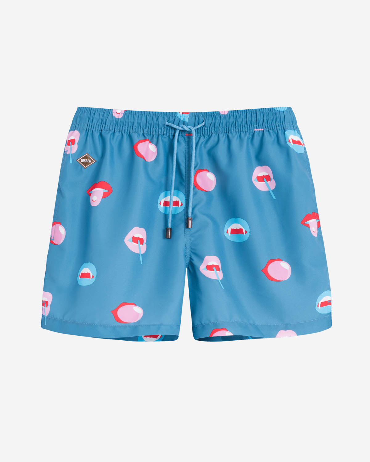 Blue swim trunks with mouth print. Mid length shorts with drawstring waistband and two side pockets.