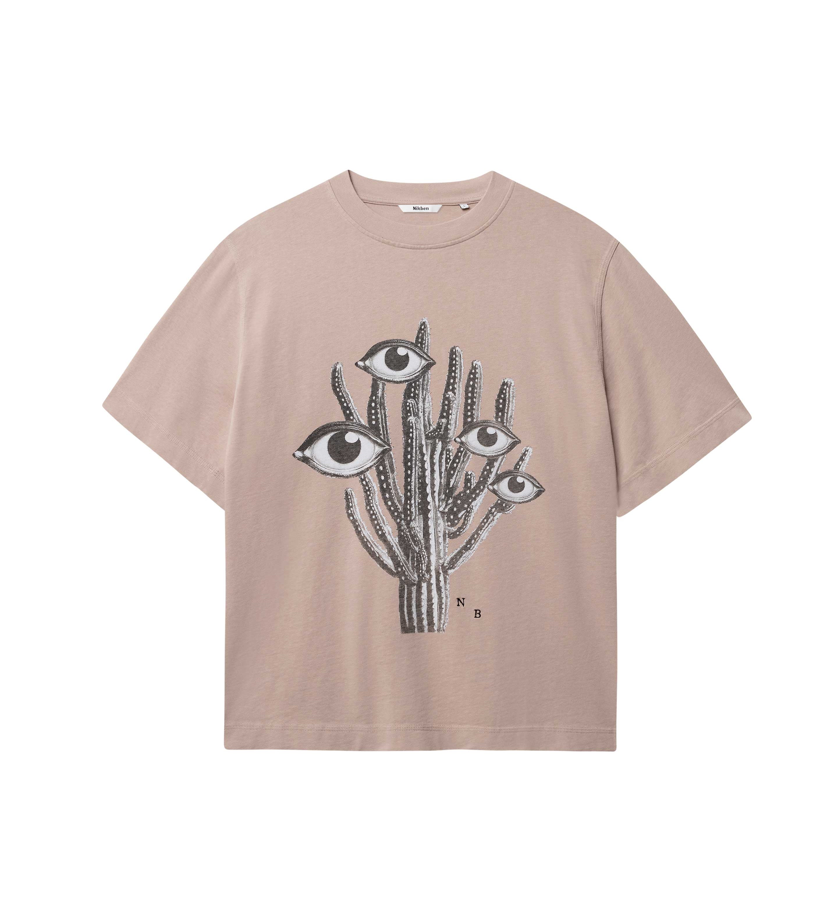 Beige T-shirt with black and white cactus print in the middle