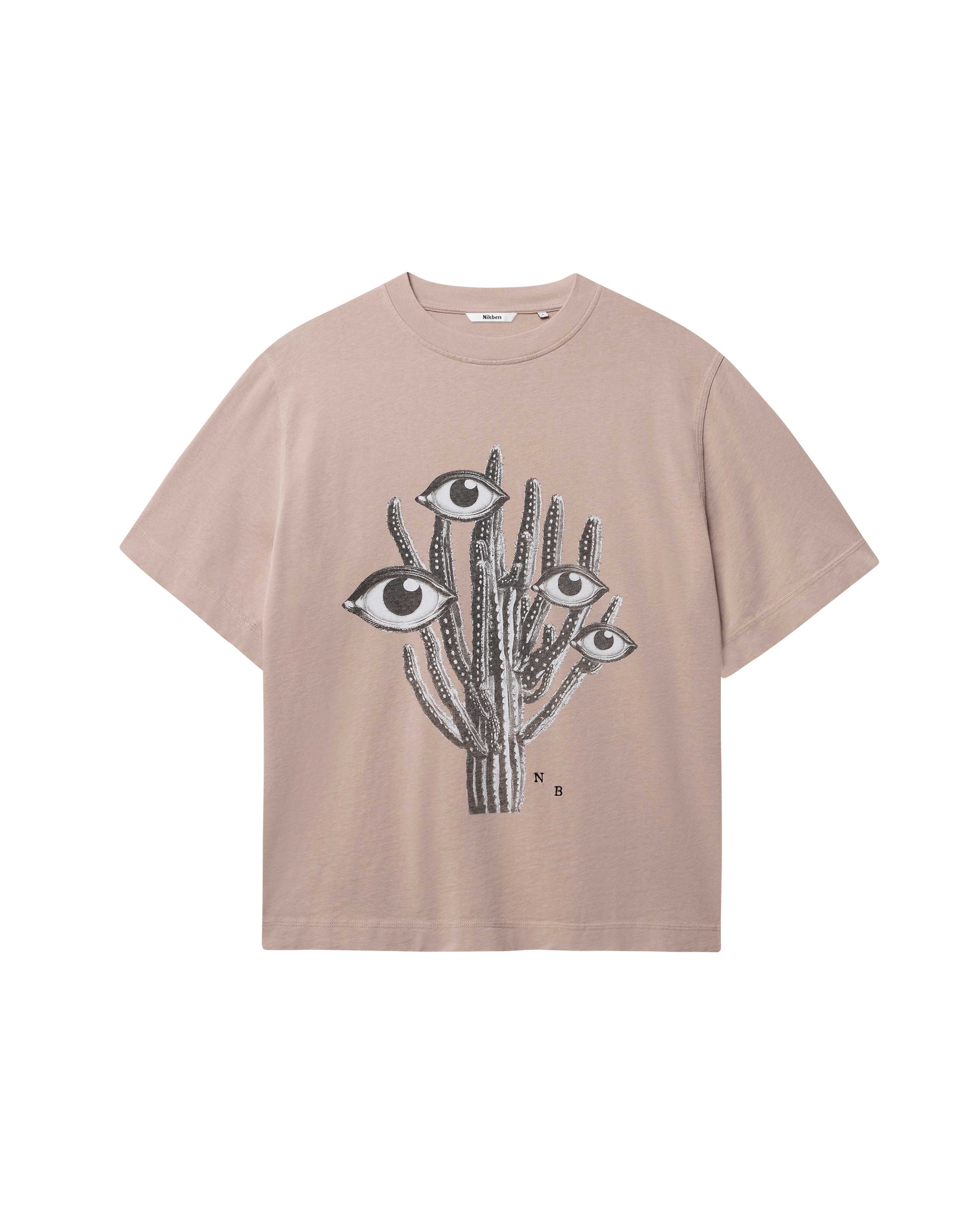 Beige T-shirt with black and white cactus print in the middle
