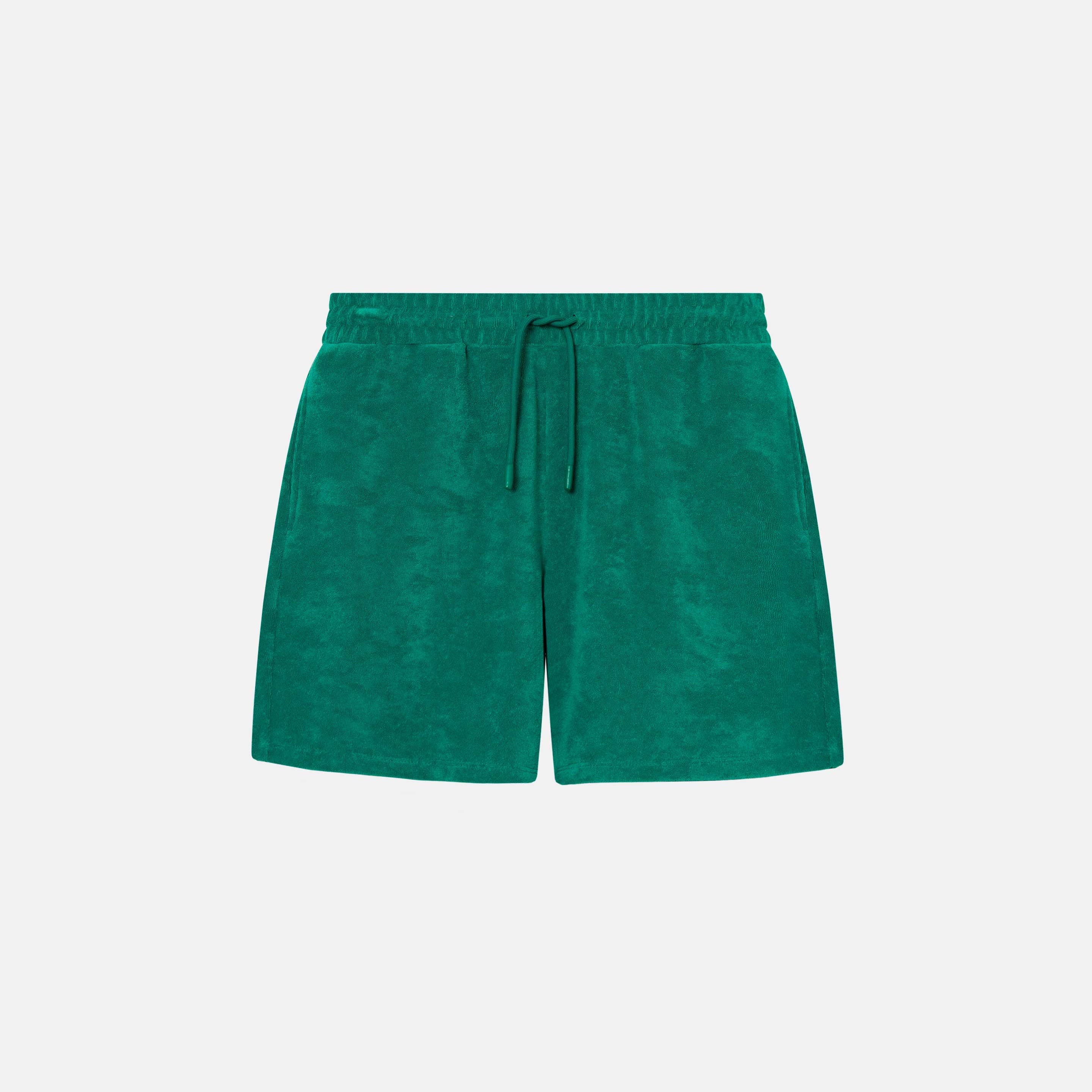 Green mid length shorts in terry toweling fabric with drawdtring and two side pockets.