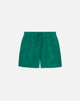 Green mid length shorts in terry toweling fabric with drawdtring and two side pockets.