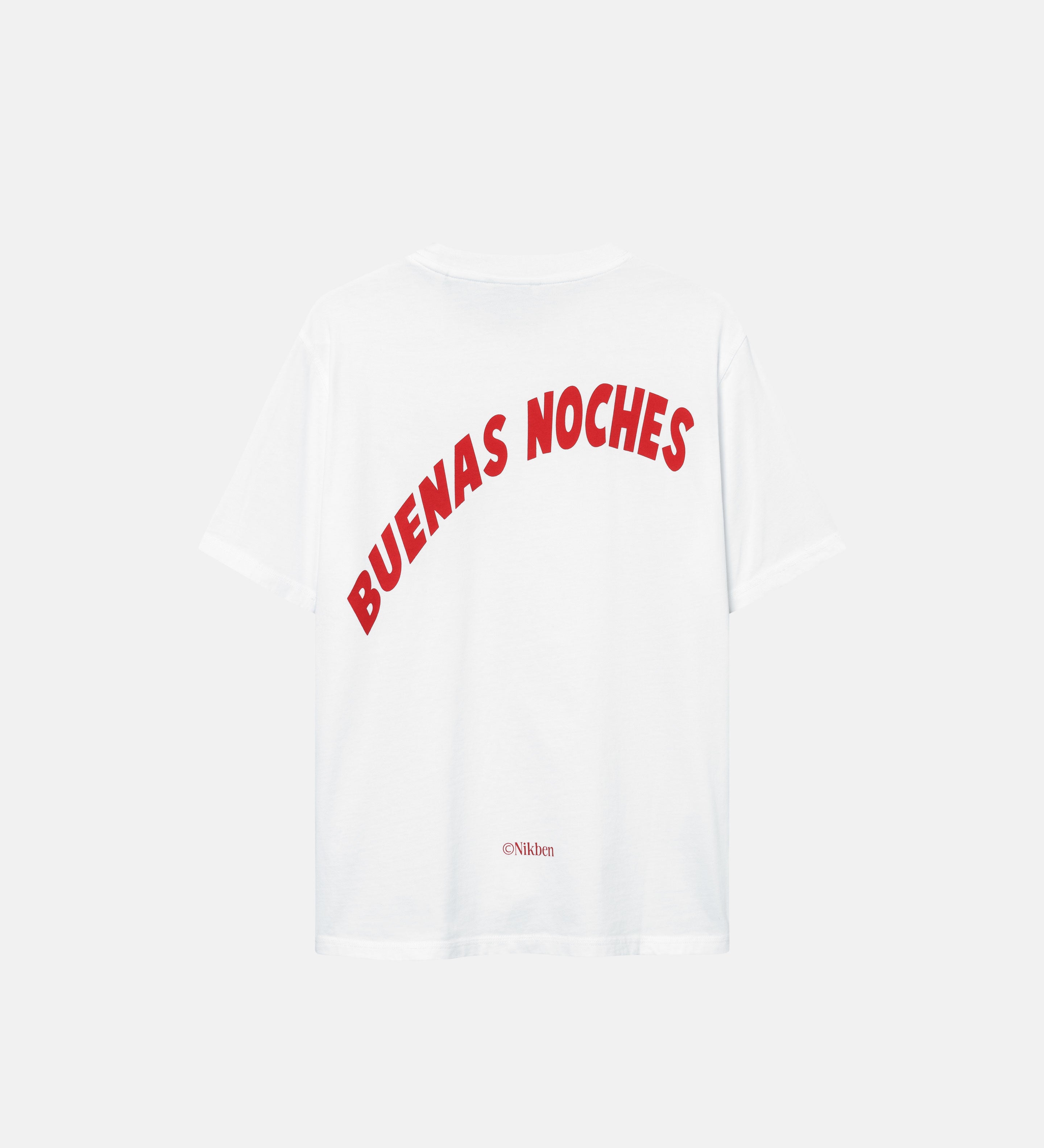 A white t-shirt with a red "Buenas Noches" text print on its back