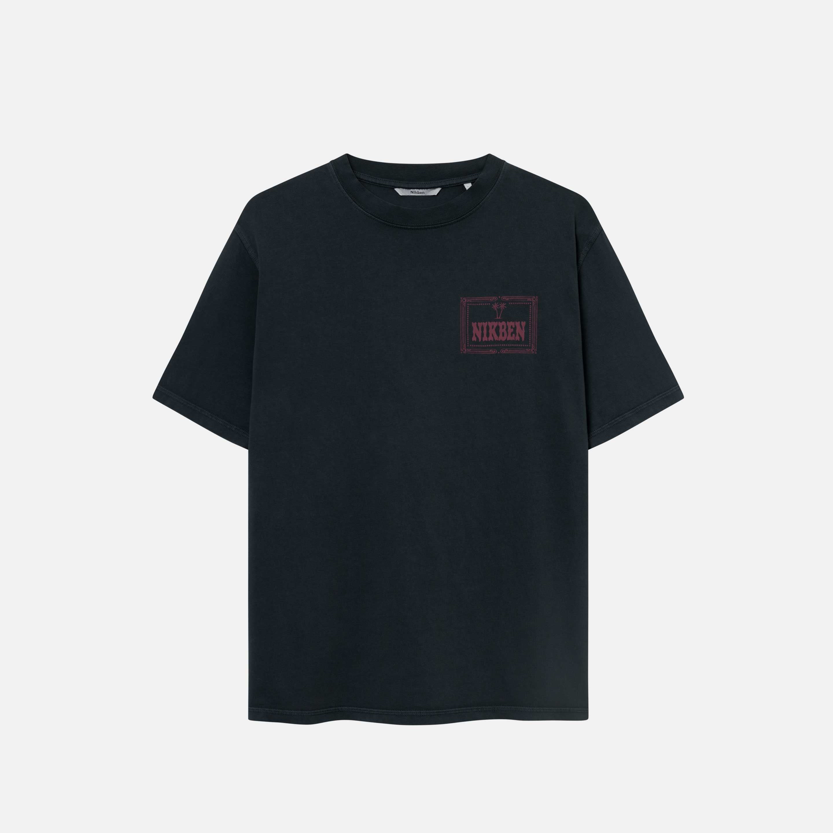 A black garment dyed t-shirt with a red chest print