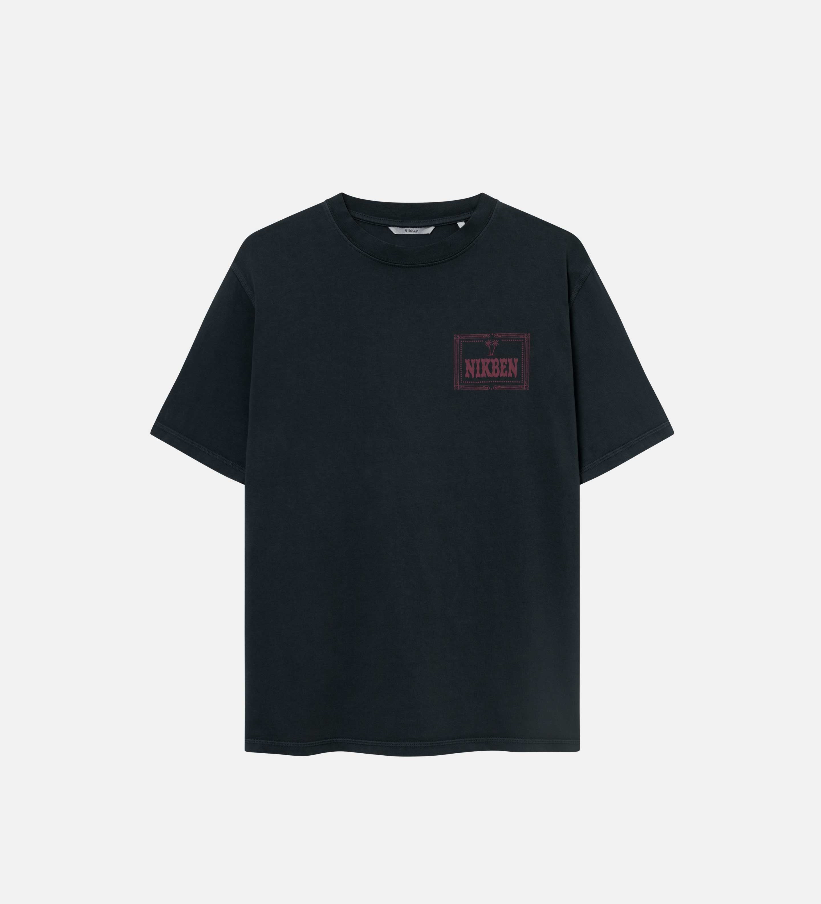A black garment dyed t-shirt with a red chest print
