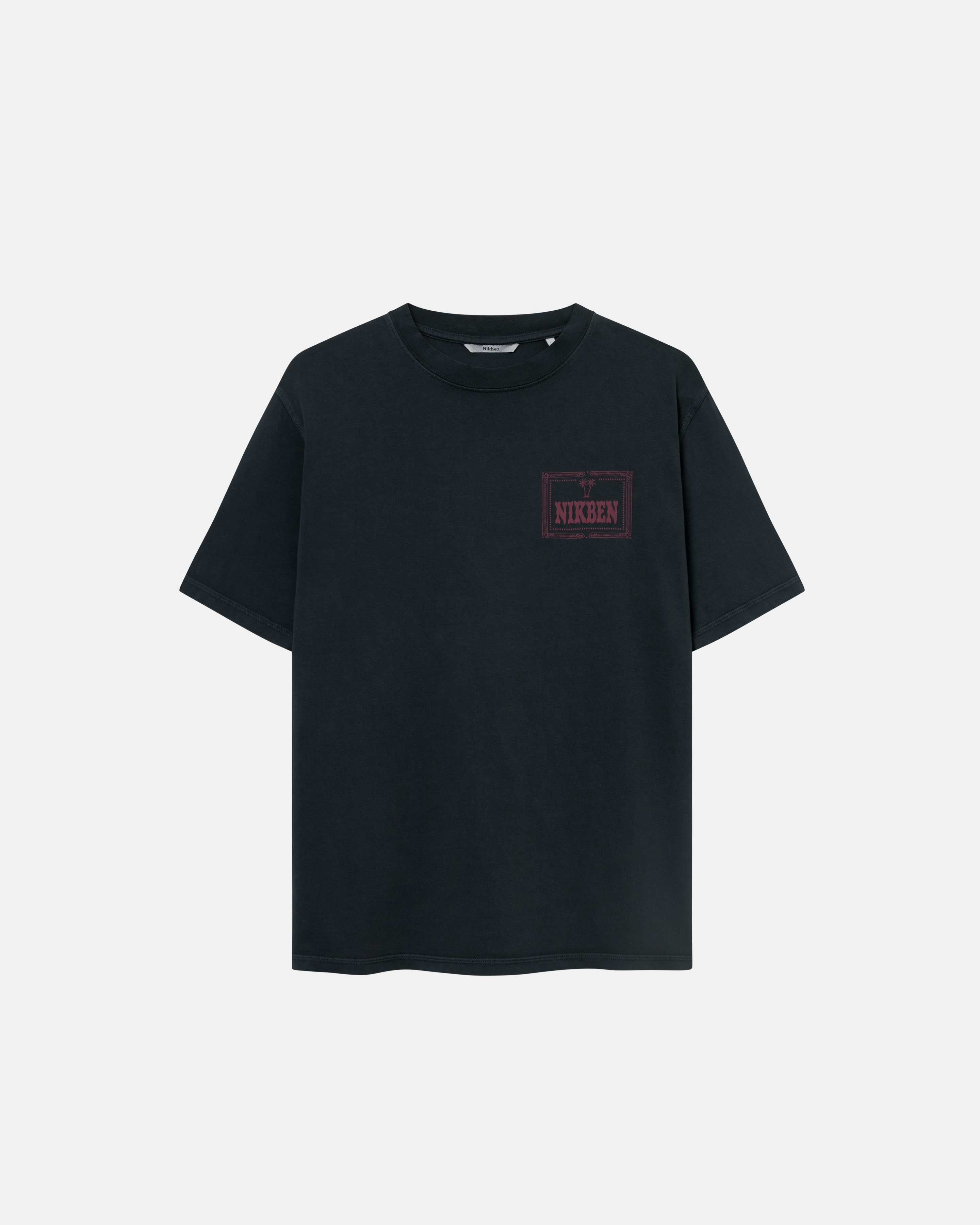 A black garment dyed t-shirt with a red chest print