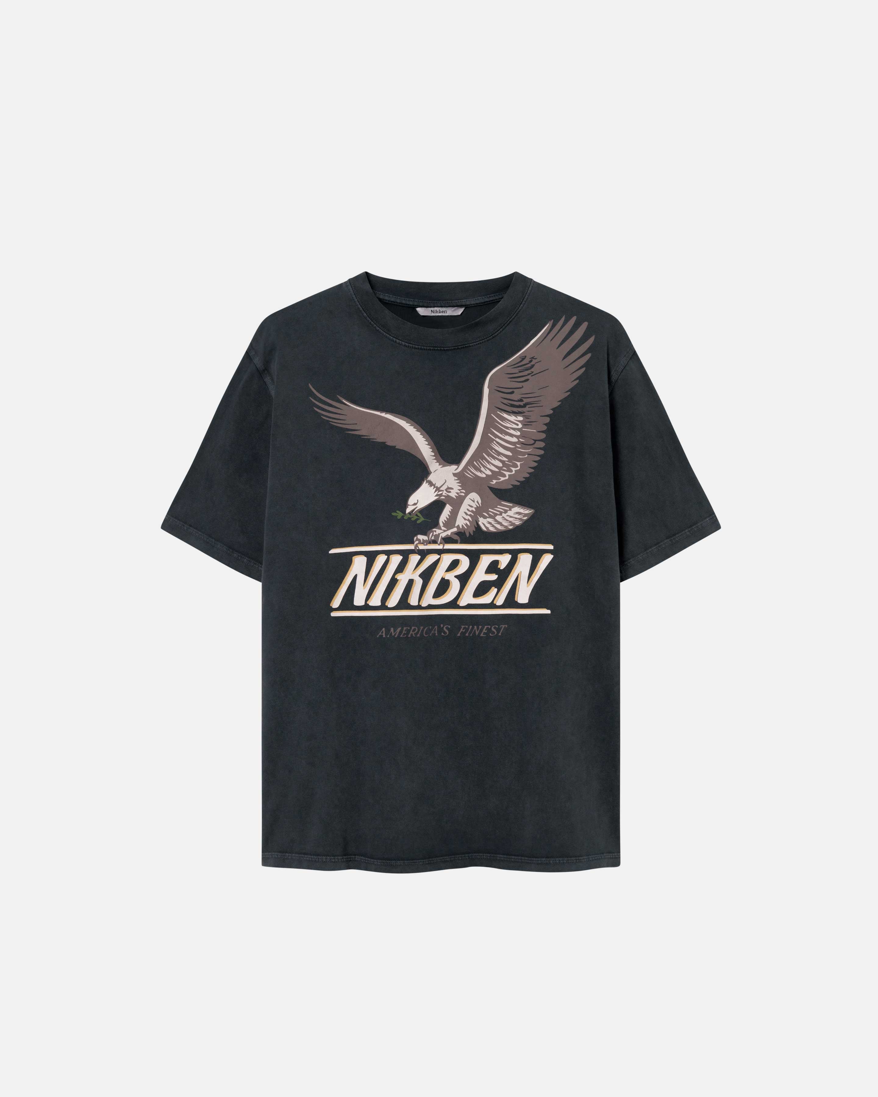 A black t-shrit with a large eagle chest print, Nikben logo and the text "Americas finest"