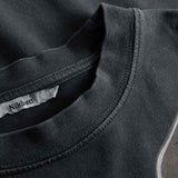 Close-up view of neck label, round neck, and tonal stitchings on a black t-shirt