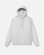Grey hoodie with drawstrings, chest pocket, ribbed cuffs, and Nikben script logo embroidery