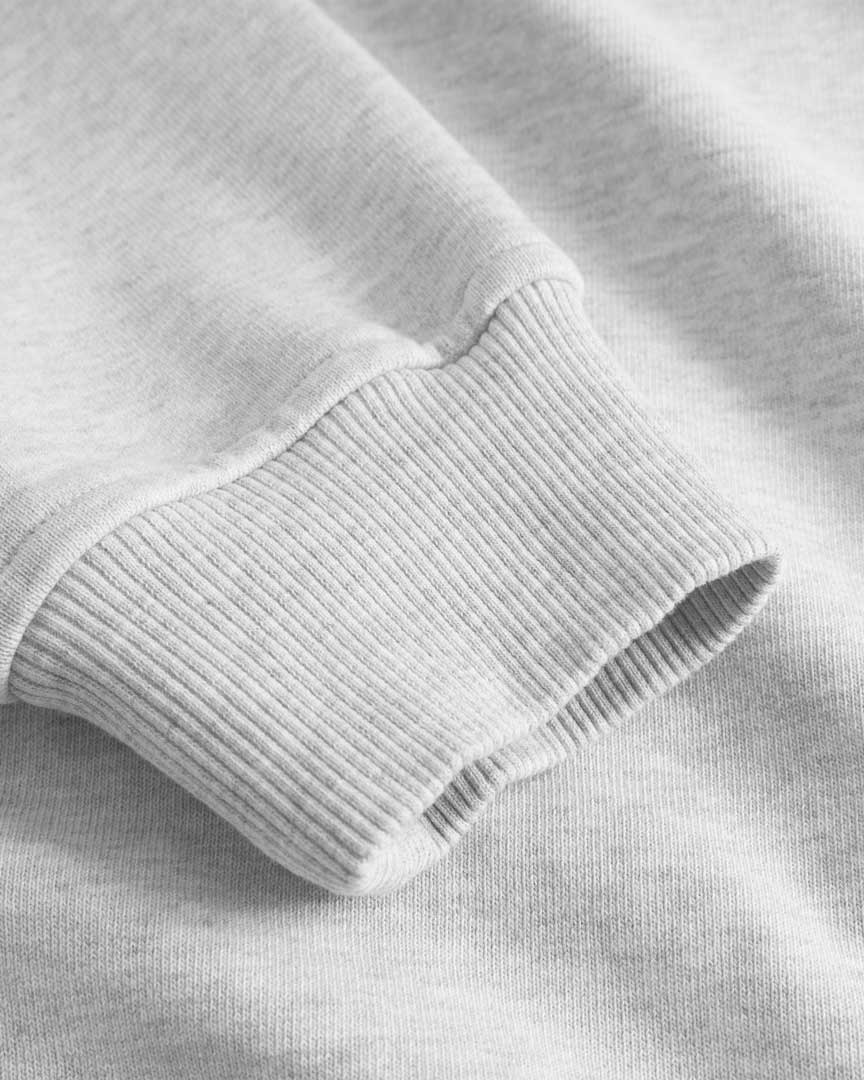 Close up of ribbed cuffs on a grey hoodie