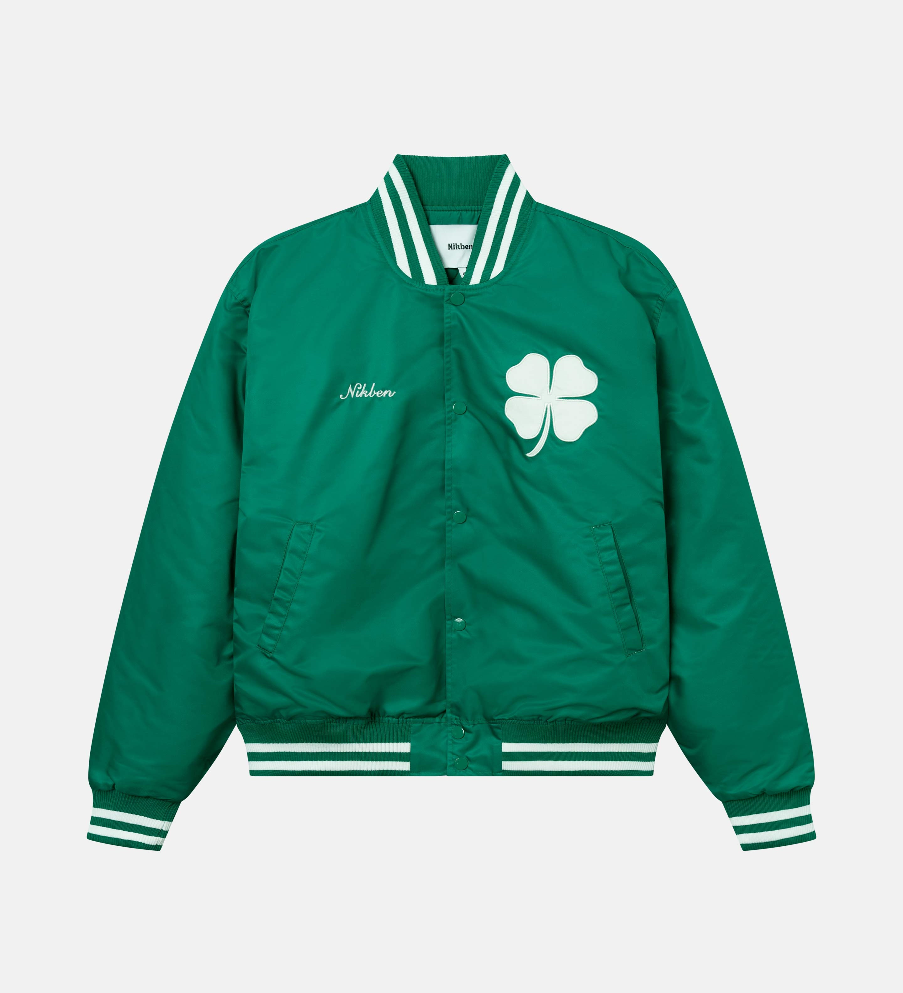 Green 80s style baseball jacket with embroidered "Nikben" script logo and "clover" logo