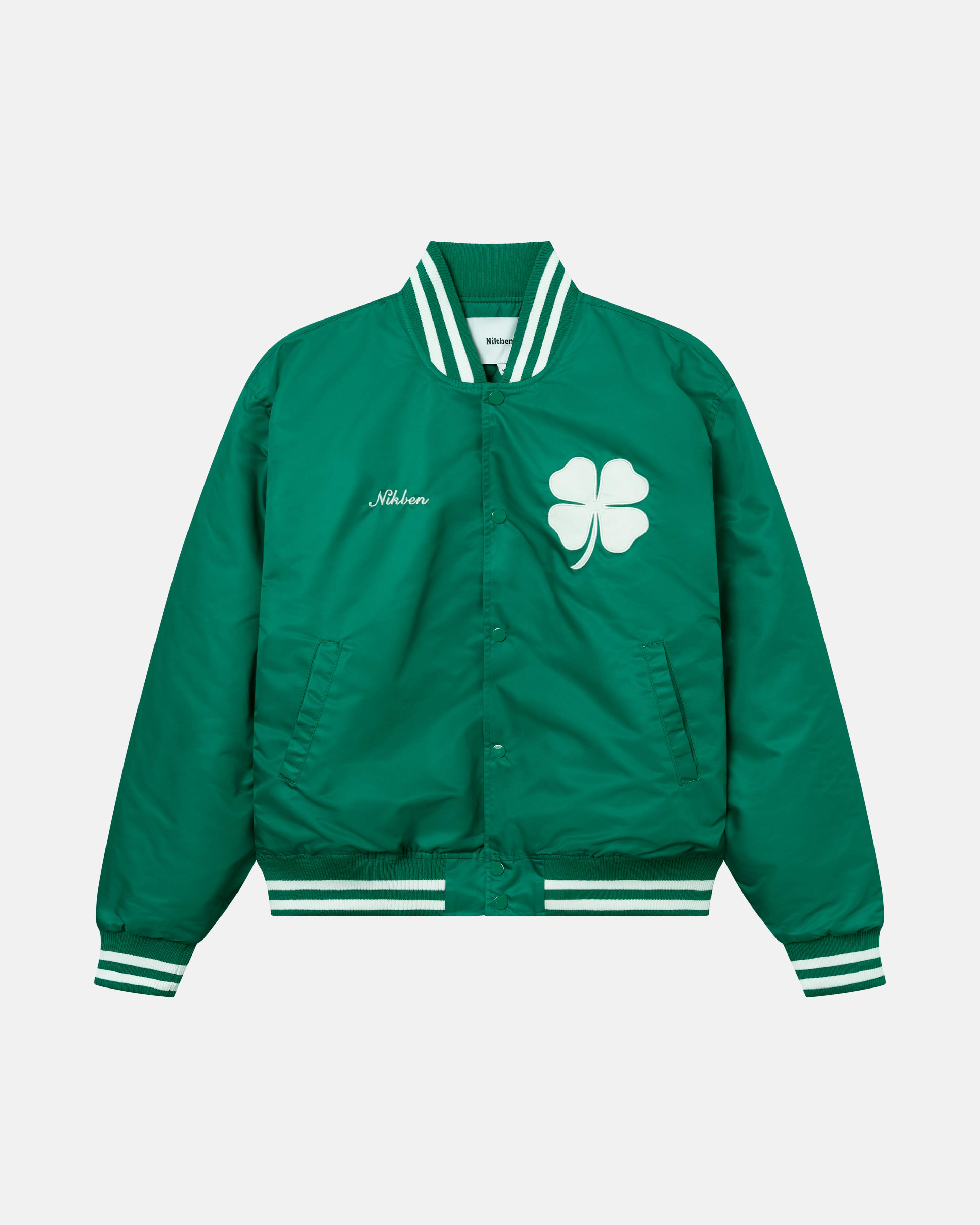 Green 80s style baseball jacket with embroidered 
