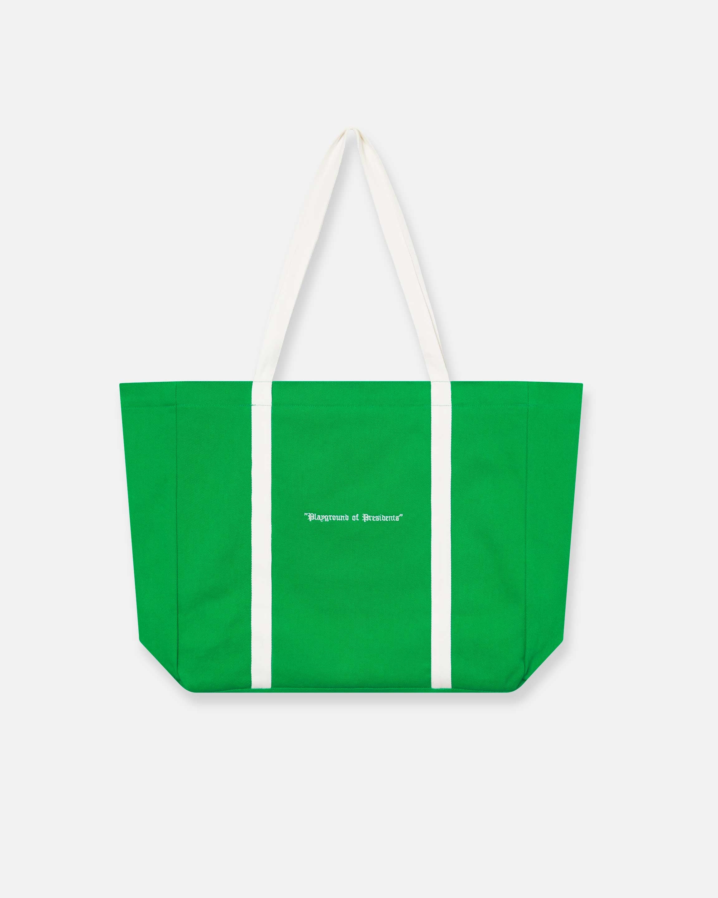 green and white tote bag