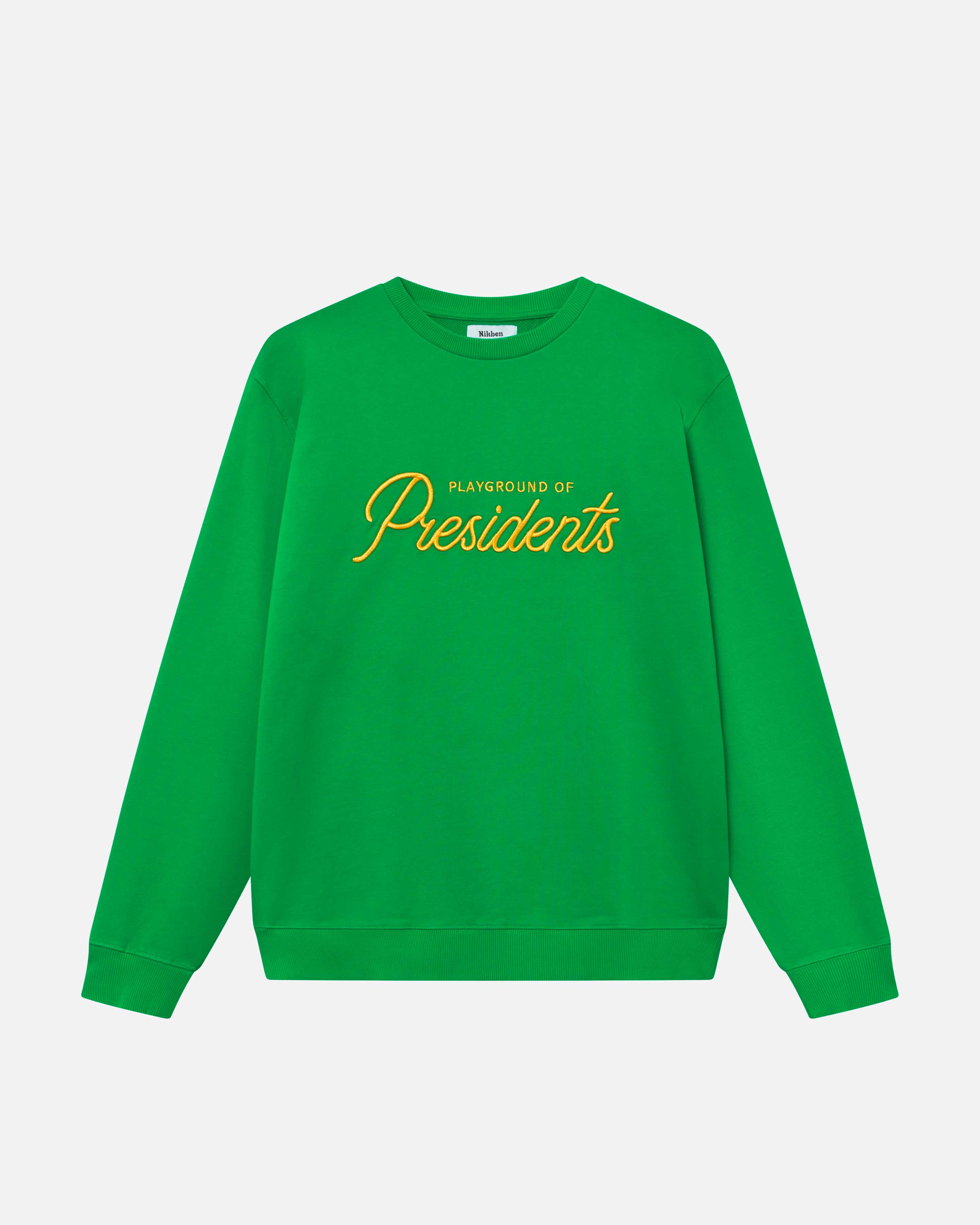 Green sweatshirt with yellow embroidery logo