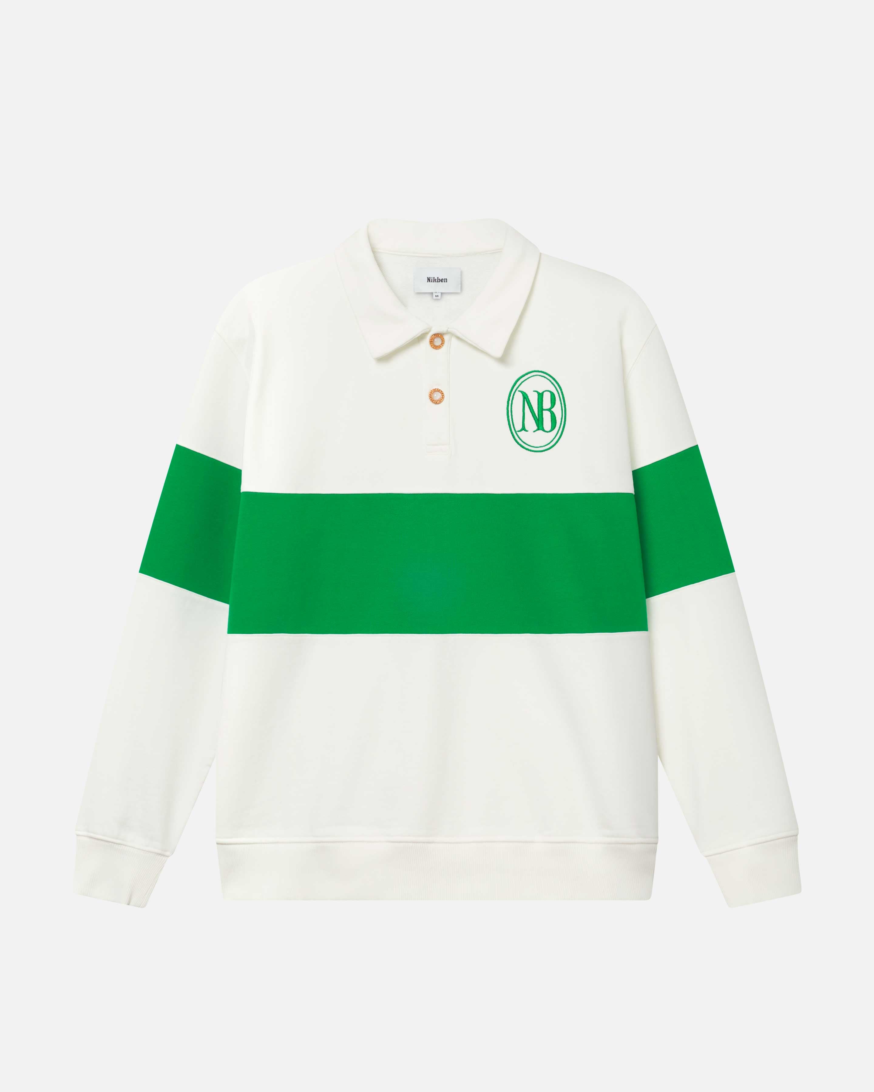 White and green long sleeved polo shirt whit embroidered NB logo and ribbed cuffs