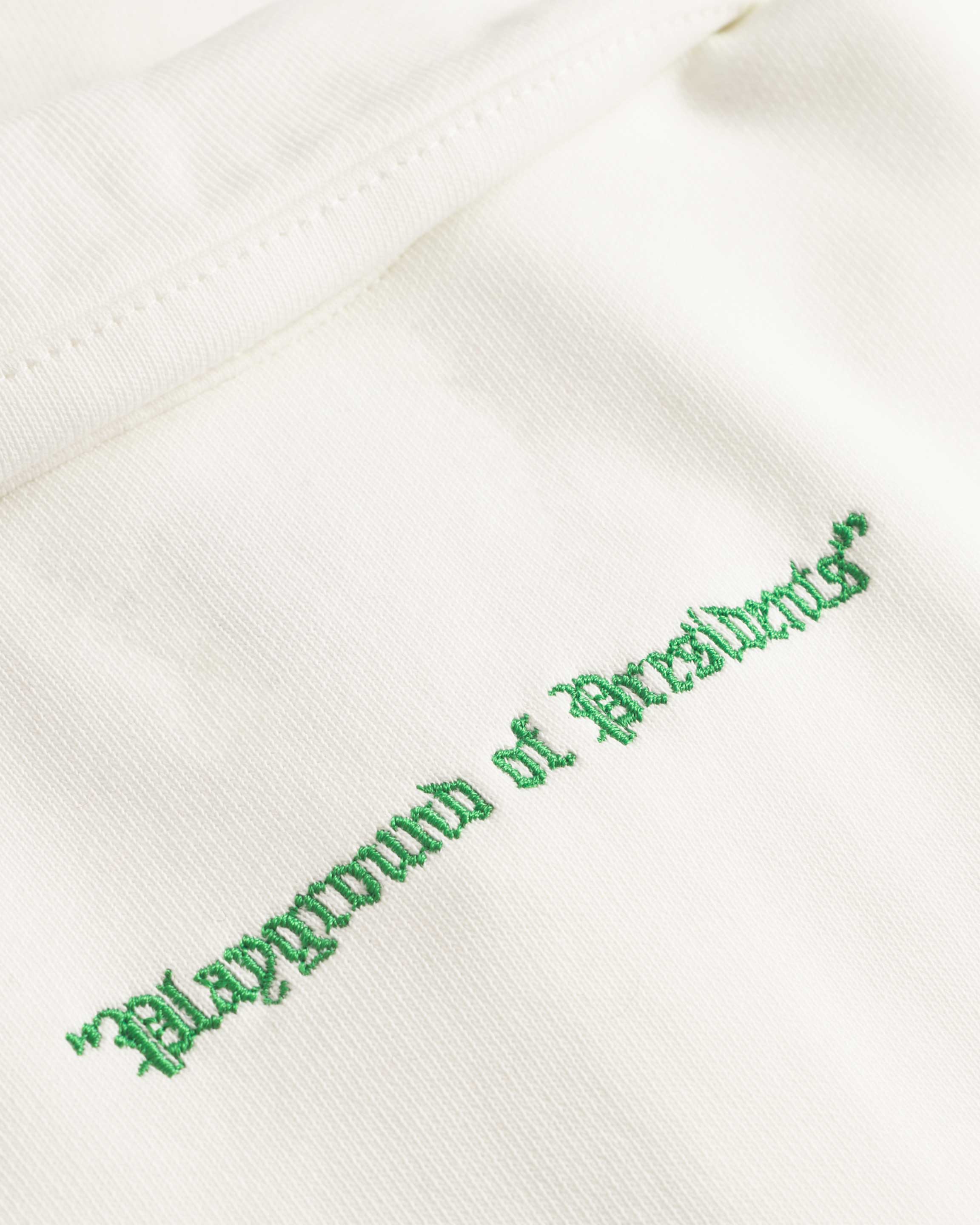 Close up of embroidered playground of presidents logo