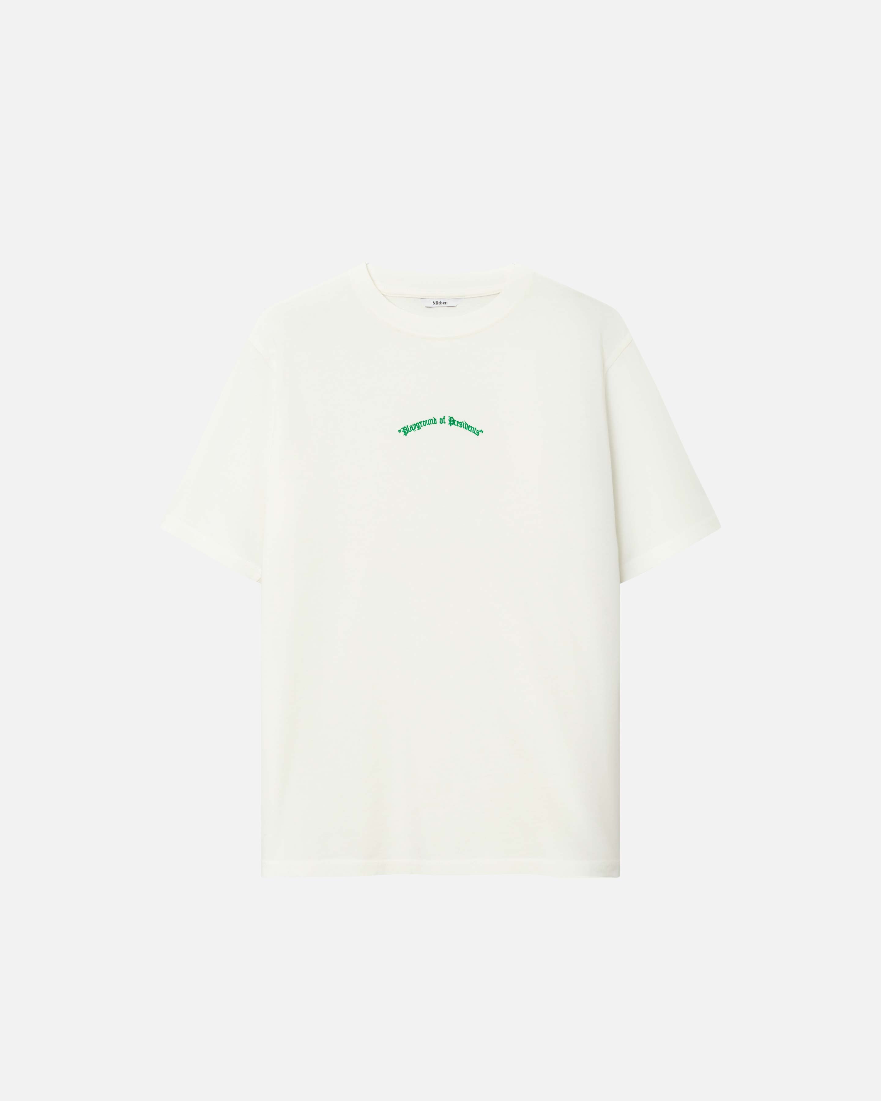 Cream colored t-shirt with green playground of presidents embroidery