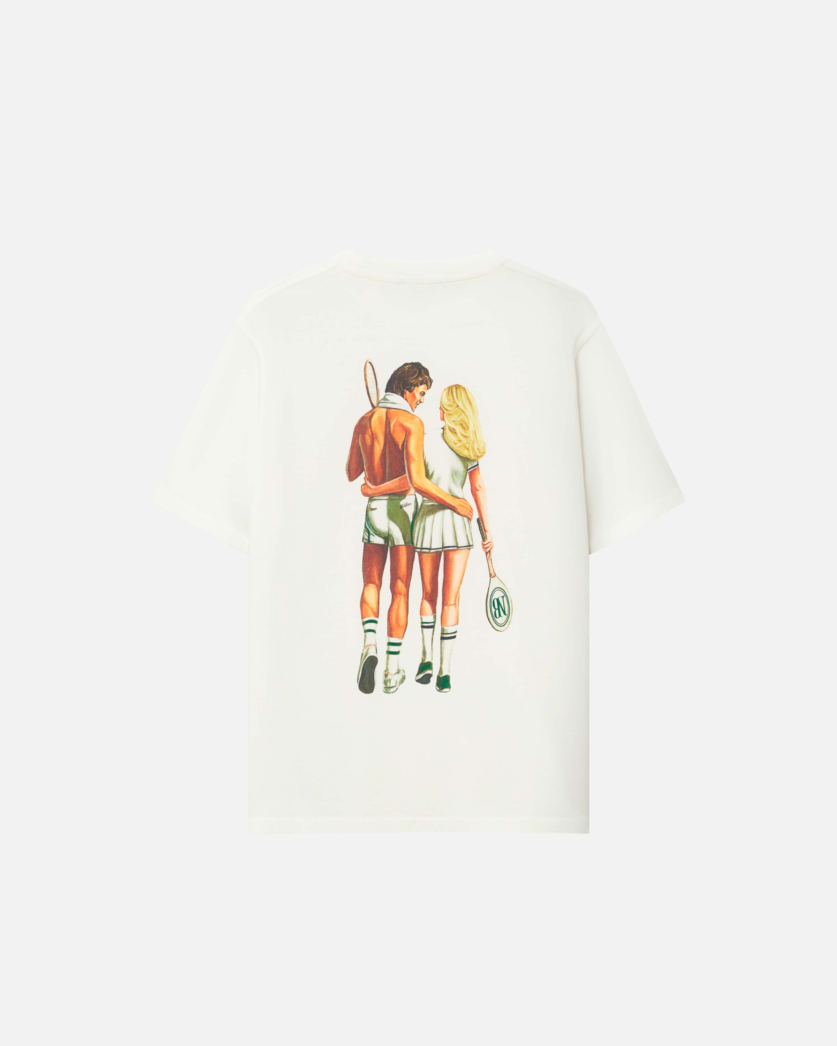 Back of a cream colored t-shirt with male and female tennis player back print 