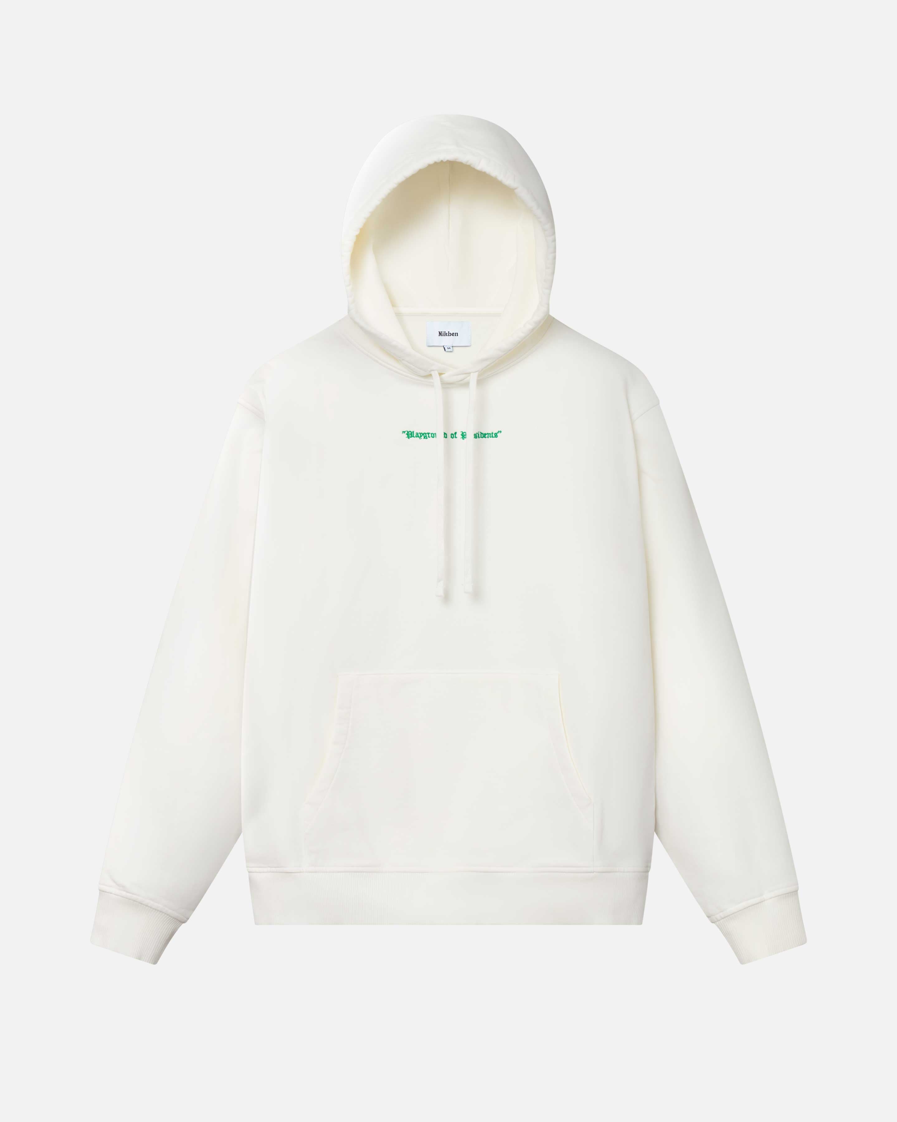 Cream colored hoodie with drawstrings, chest pocket, ribbed cuffs and green 