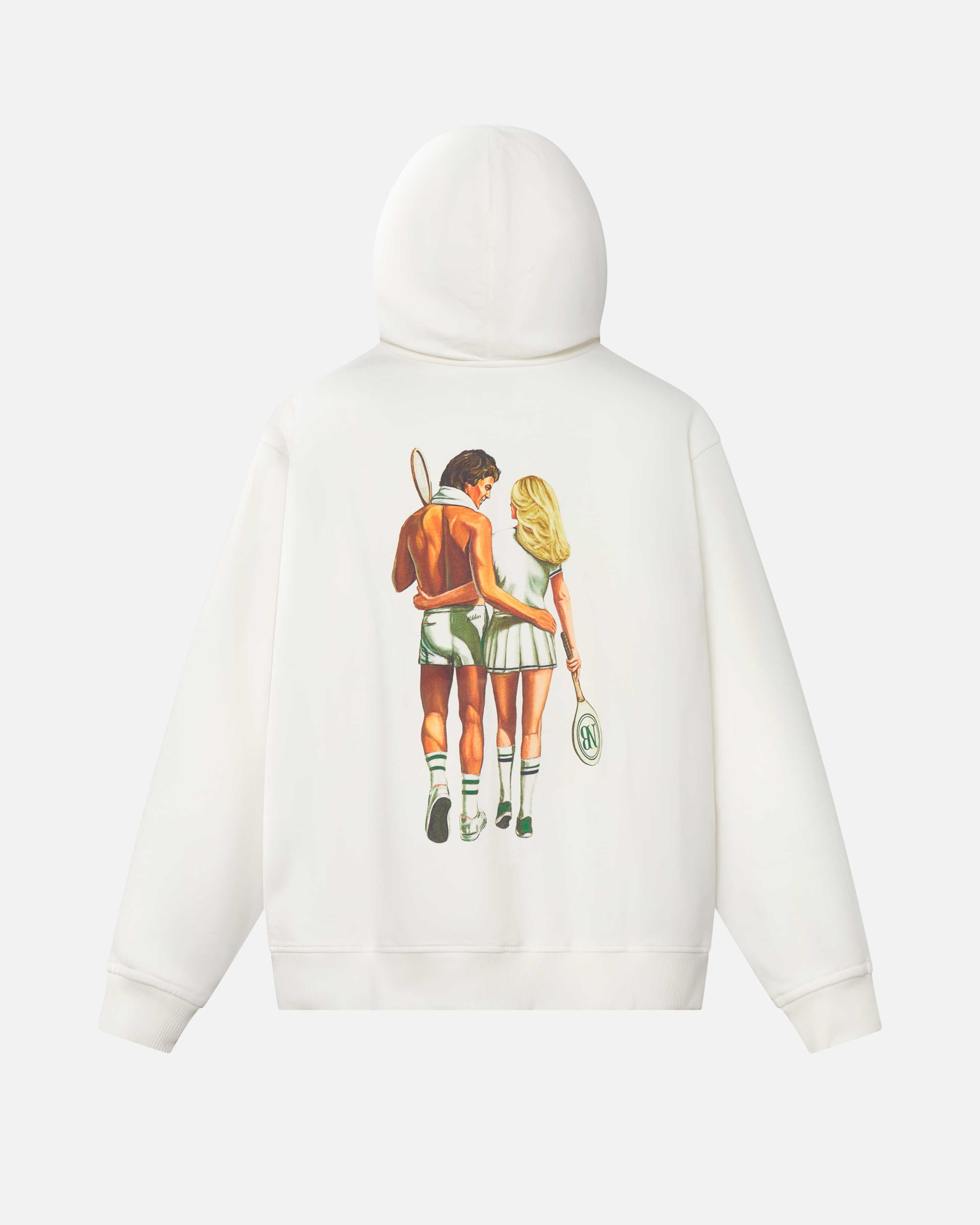 Back of a cream colored hoodie with male and female tennis player back print 