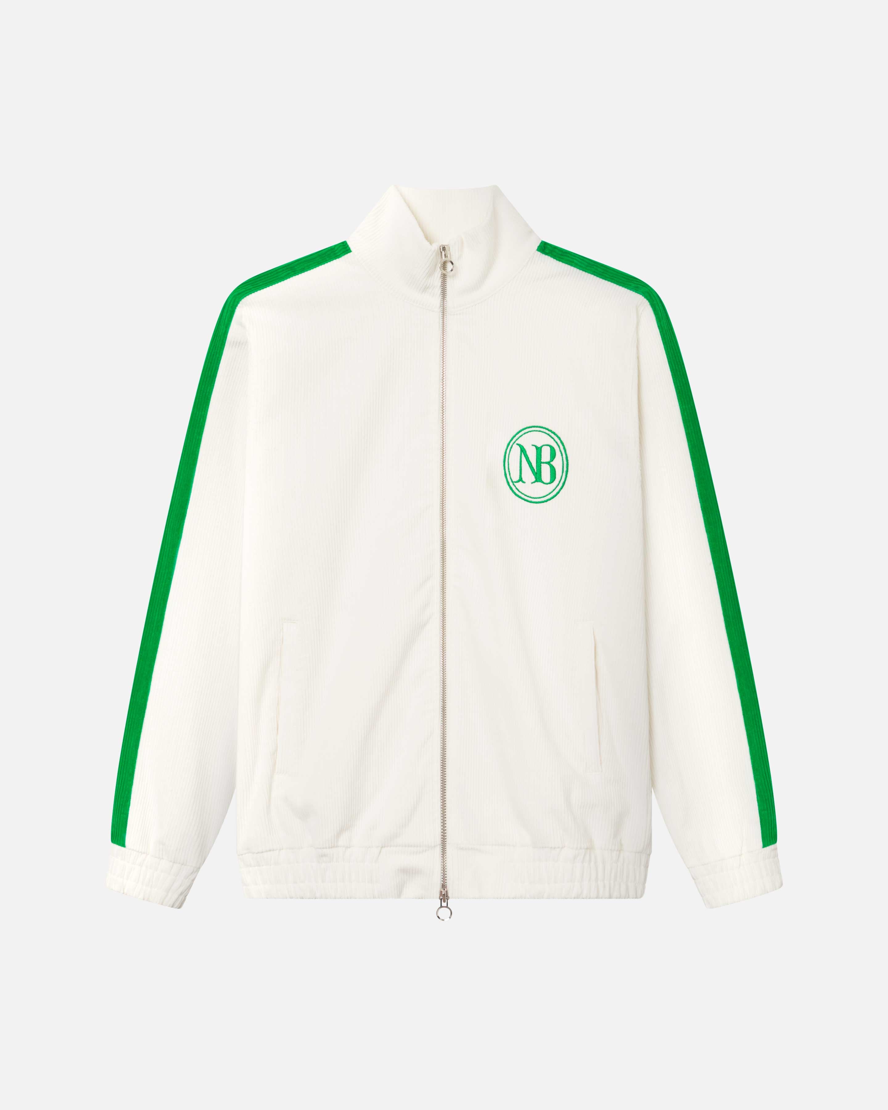 White and green corduroy track suit jacket with NB embroidery and full zipper