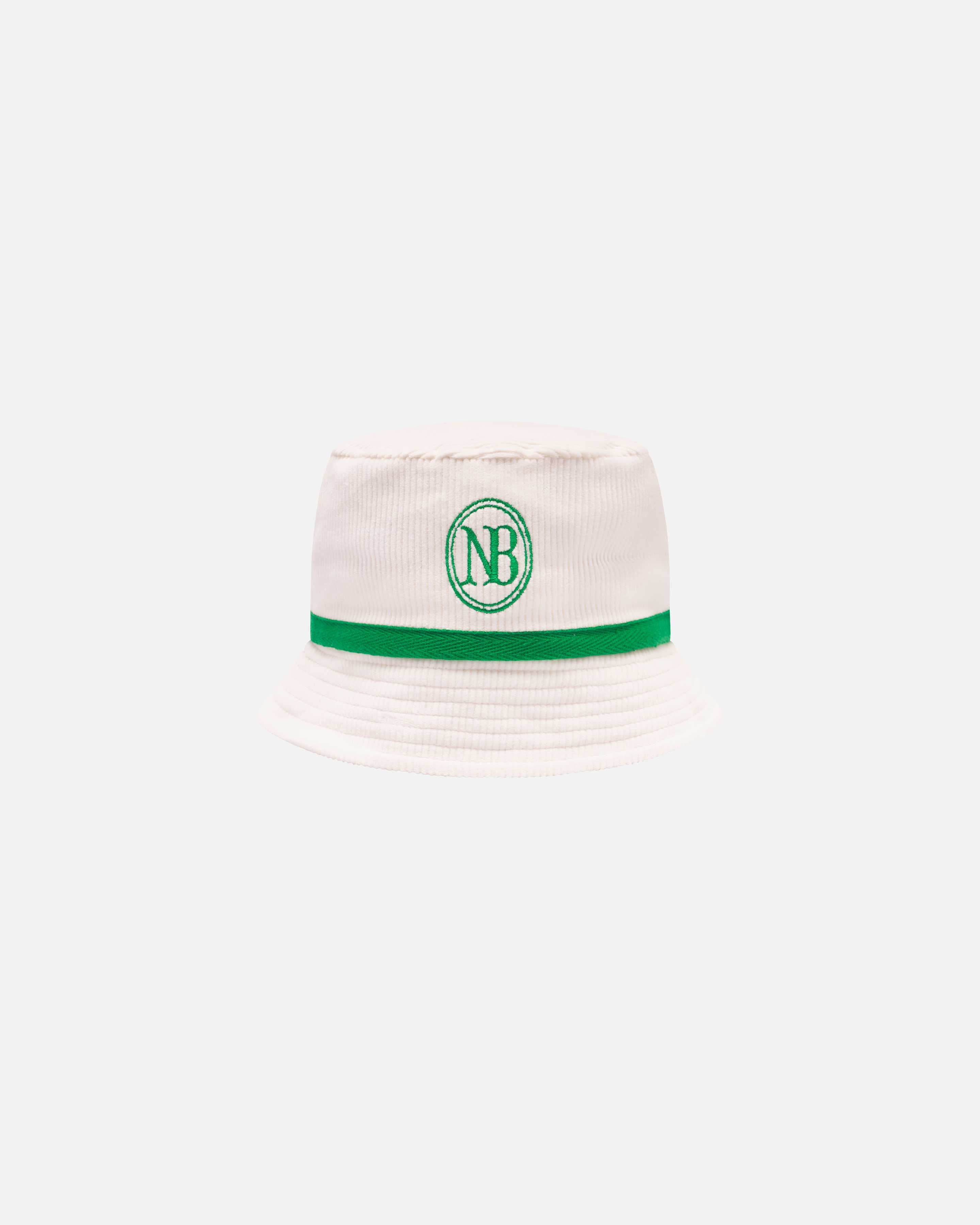 White and green corduroy bucket hat with NB embroidery