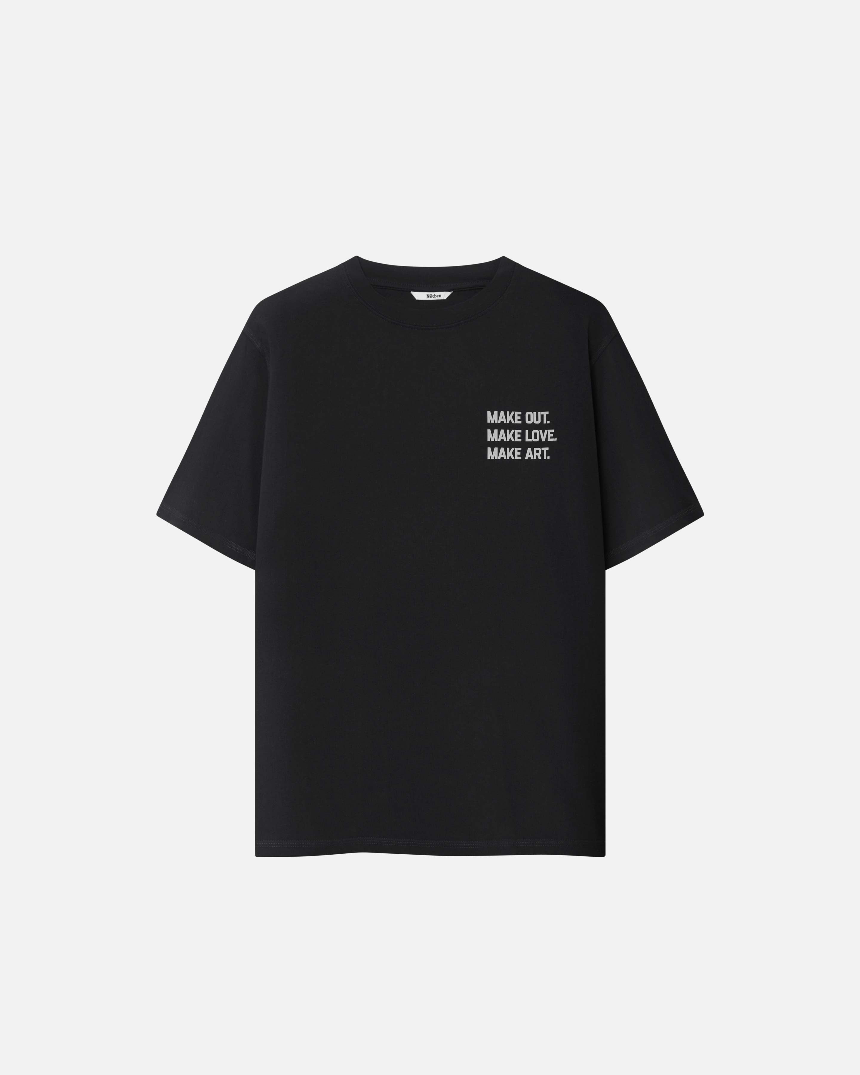 Black t-shirt with text print