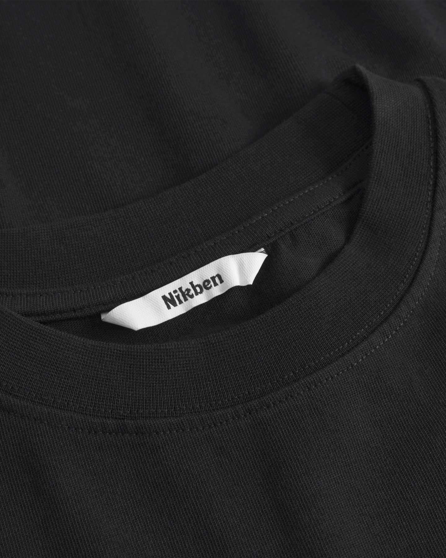 Close up of collar on a black t-shirt