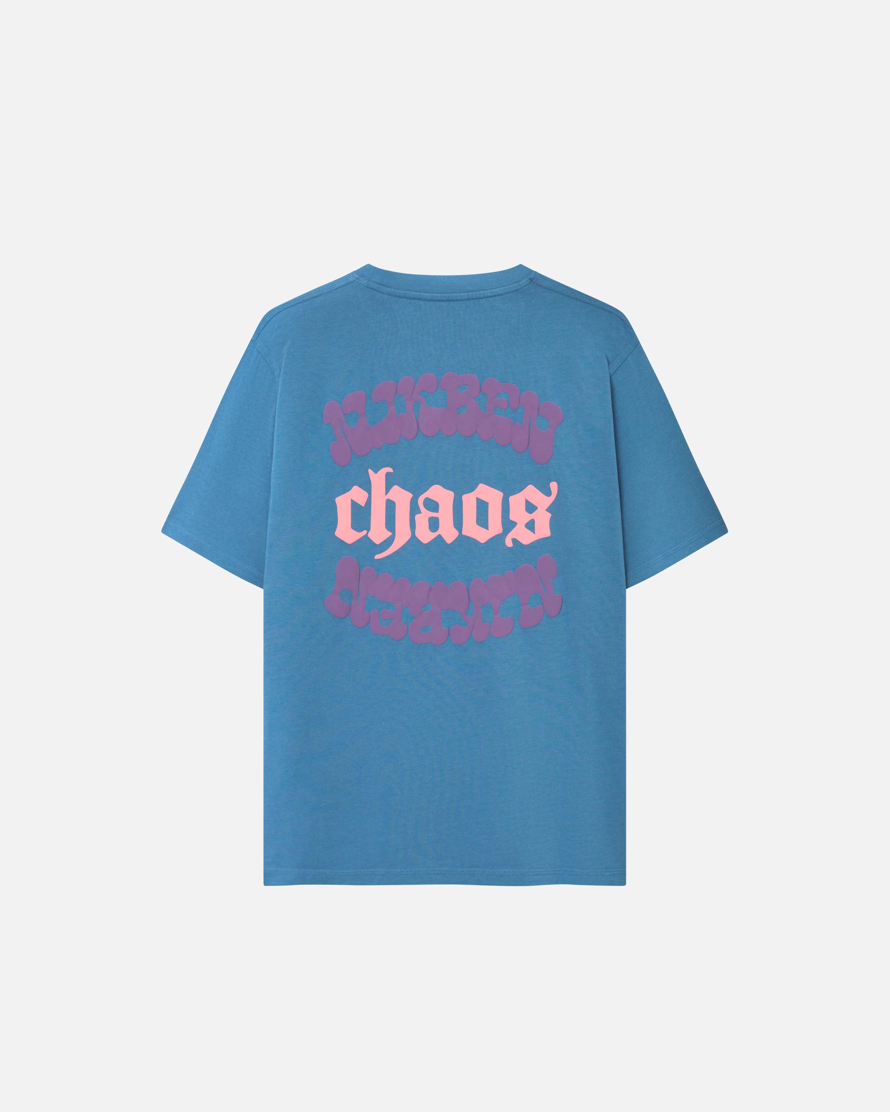 Back of a blue t-shirt with pink and purple back print