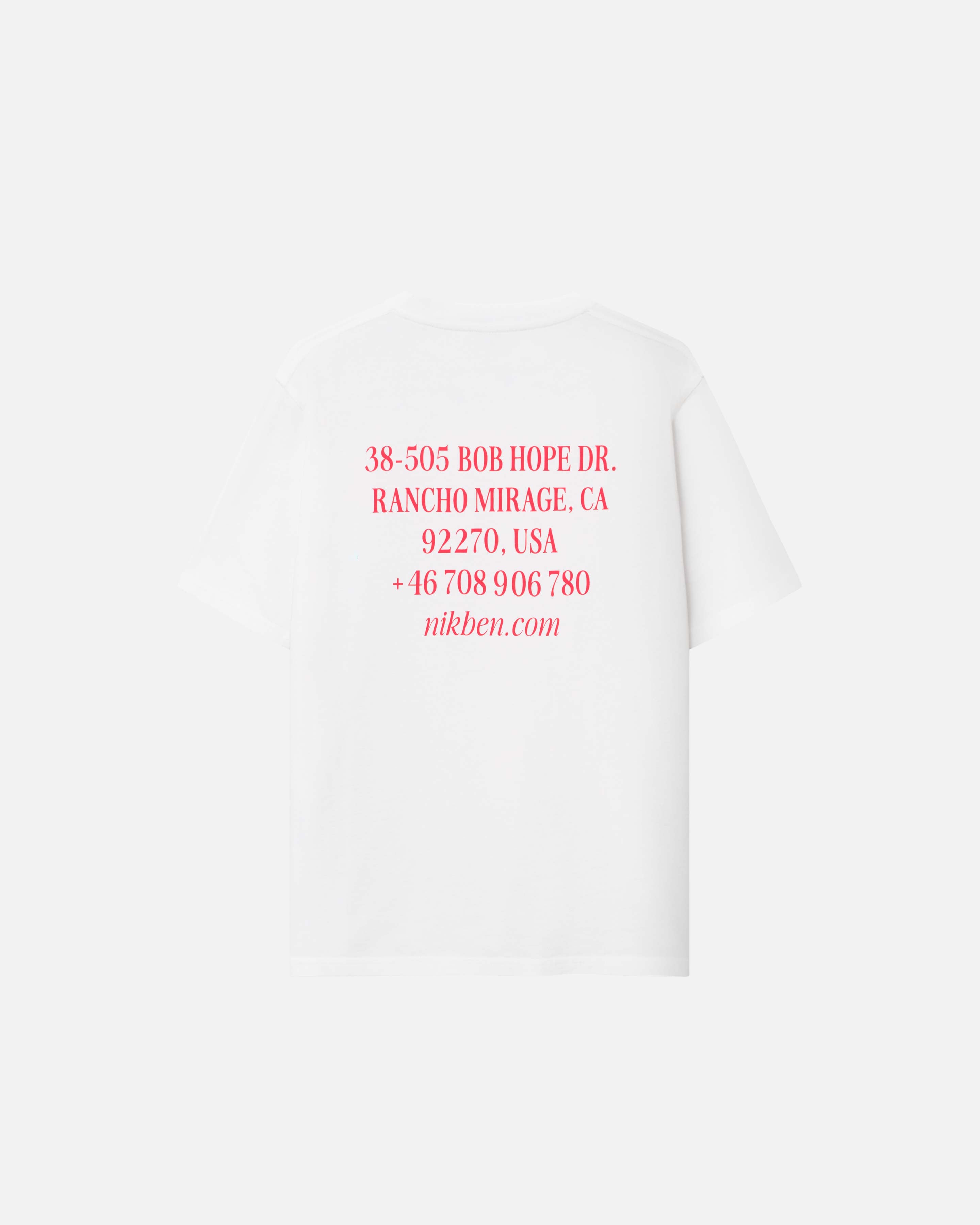 back of white t-shirt with red text print