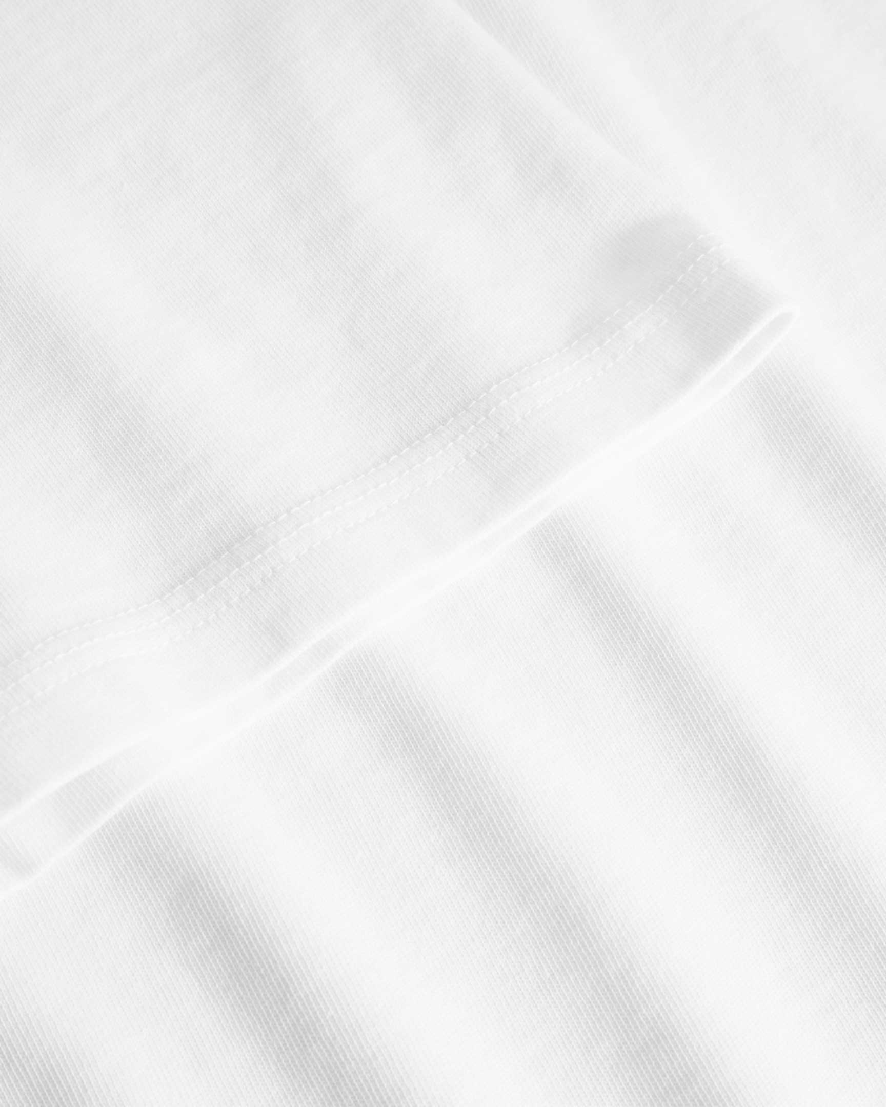 close up of sleeve and tonal stitching on a white t-shirt