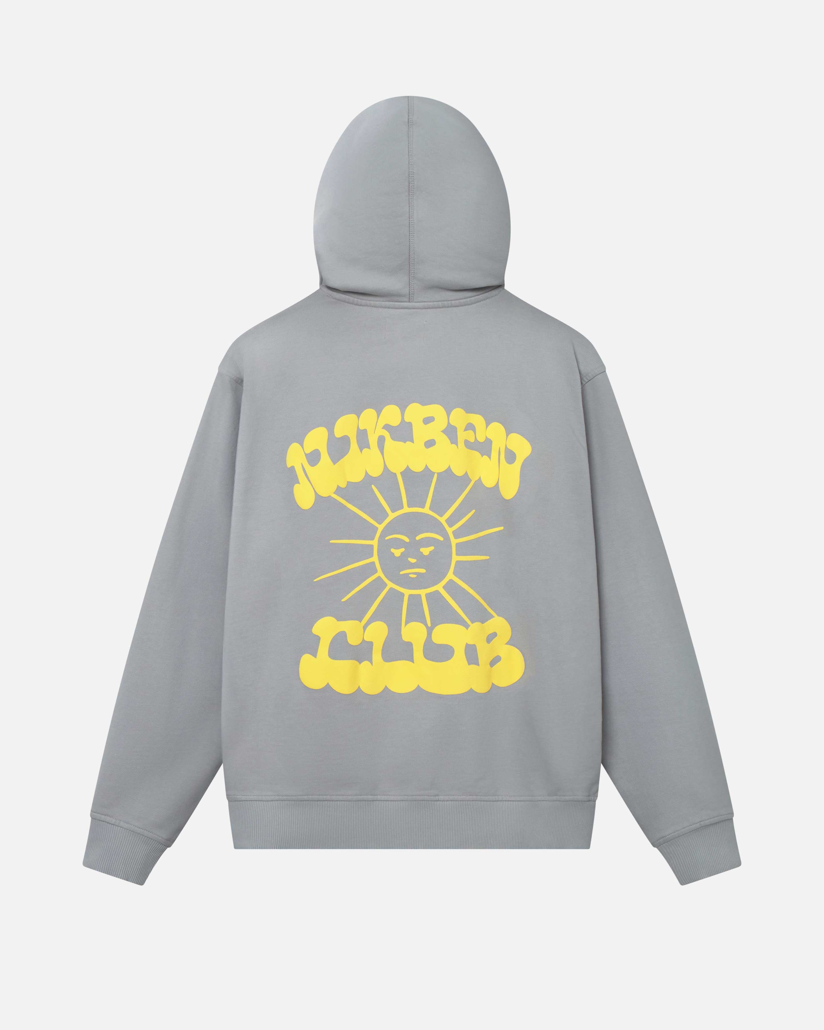 Back of grey hoodie with yellow Nikben Sunshine Print