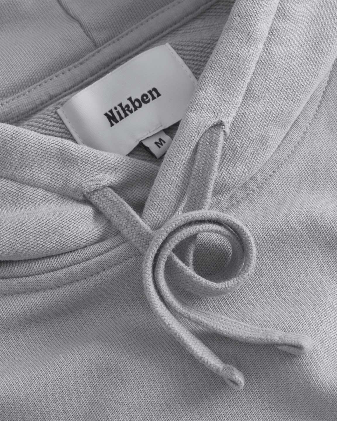 Close up of drawstrings on a grey hoodie