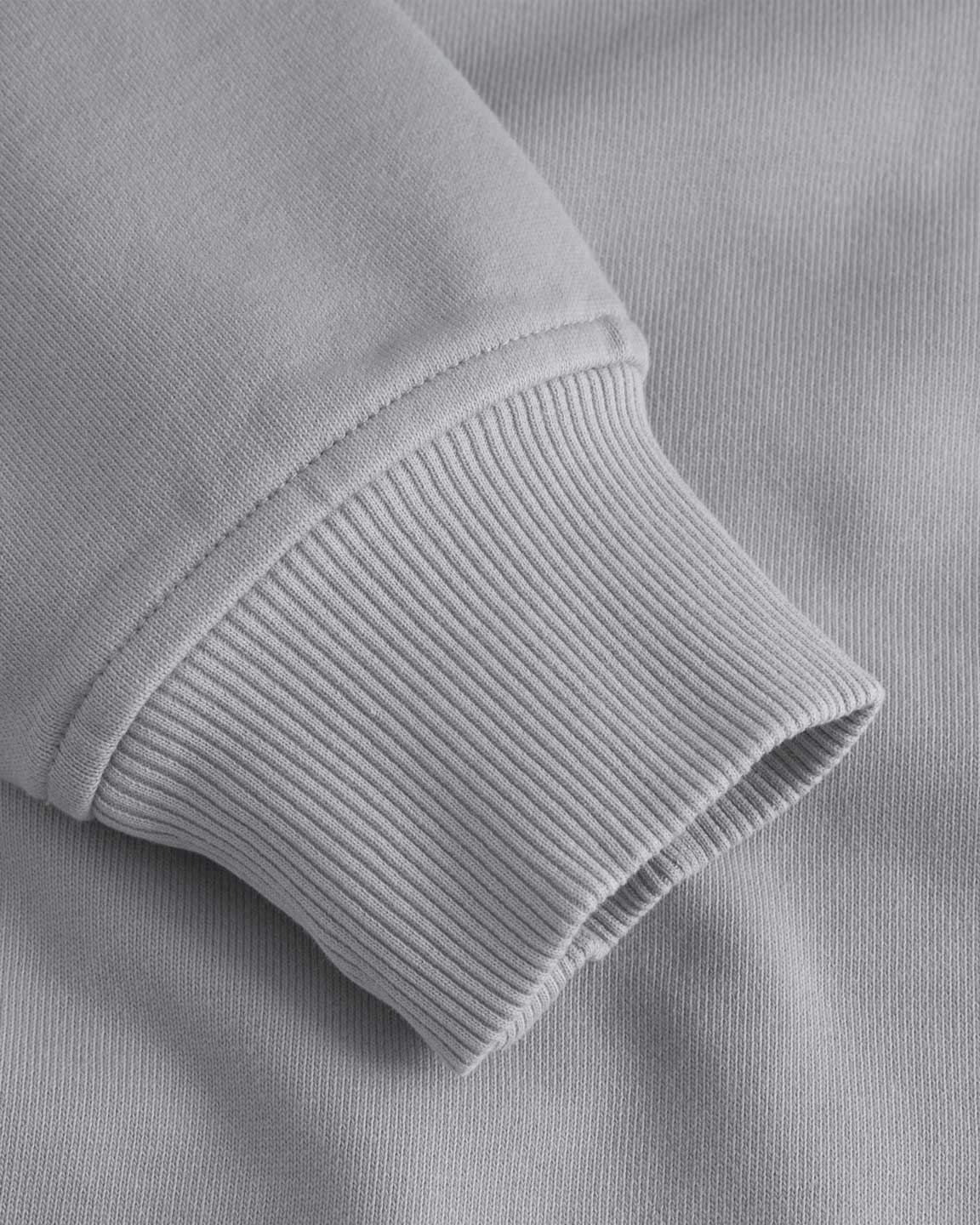 Close up of ribbed cuffs on a grey hoodie