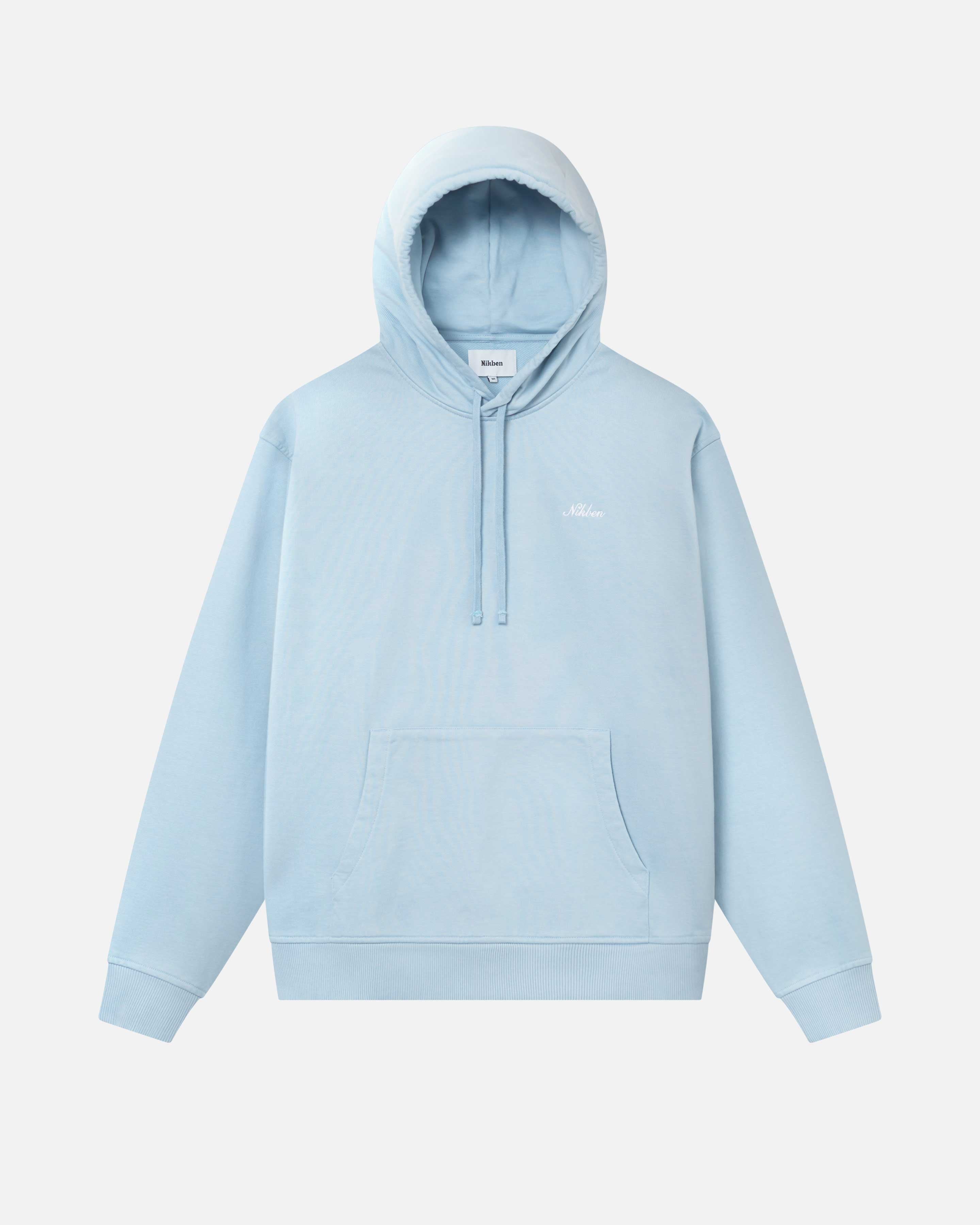 Baby blue hoodie with drawstrings, chest pocket, ribbed cuffs, and Nikben embroidery