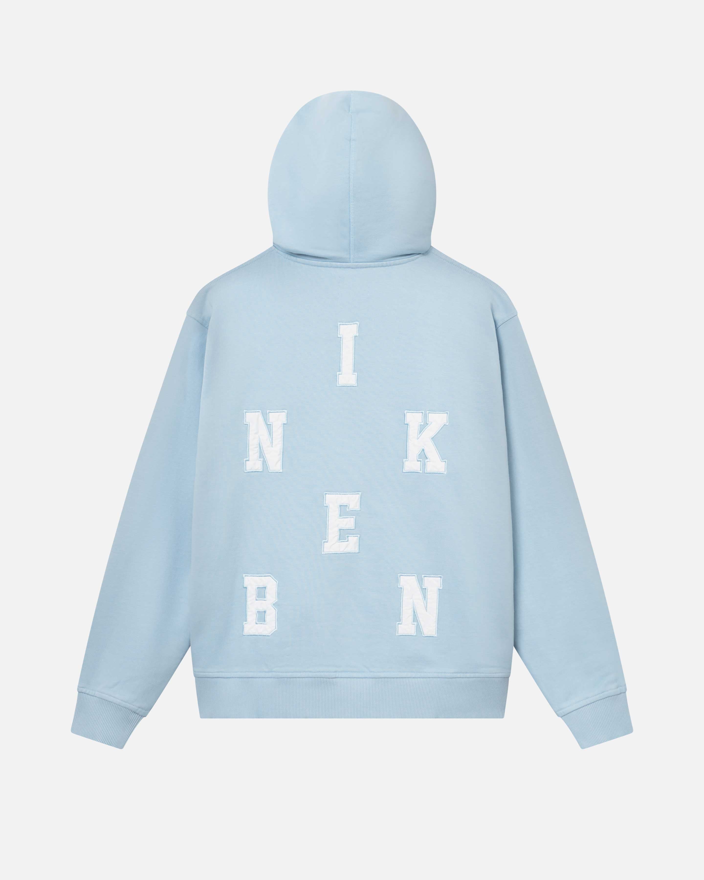 back of a Baby blue hoodie with drawstrings, chest pocket, ribbed cuffs, and Nikben embroidery