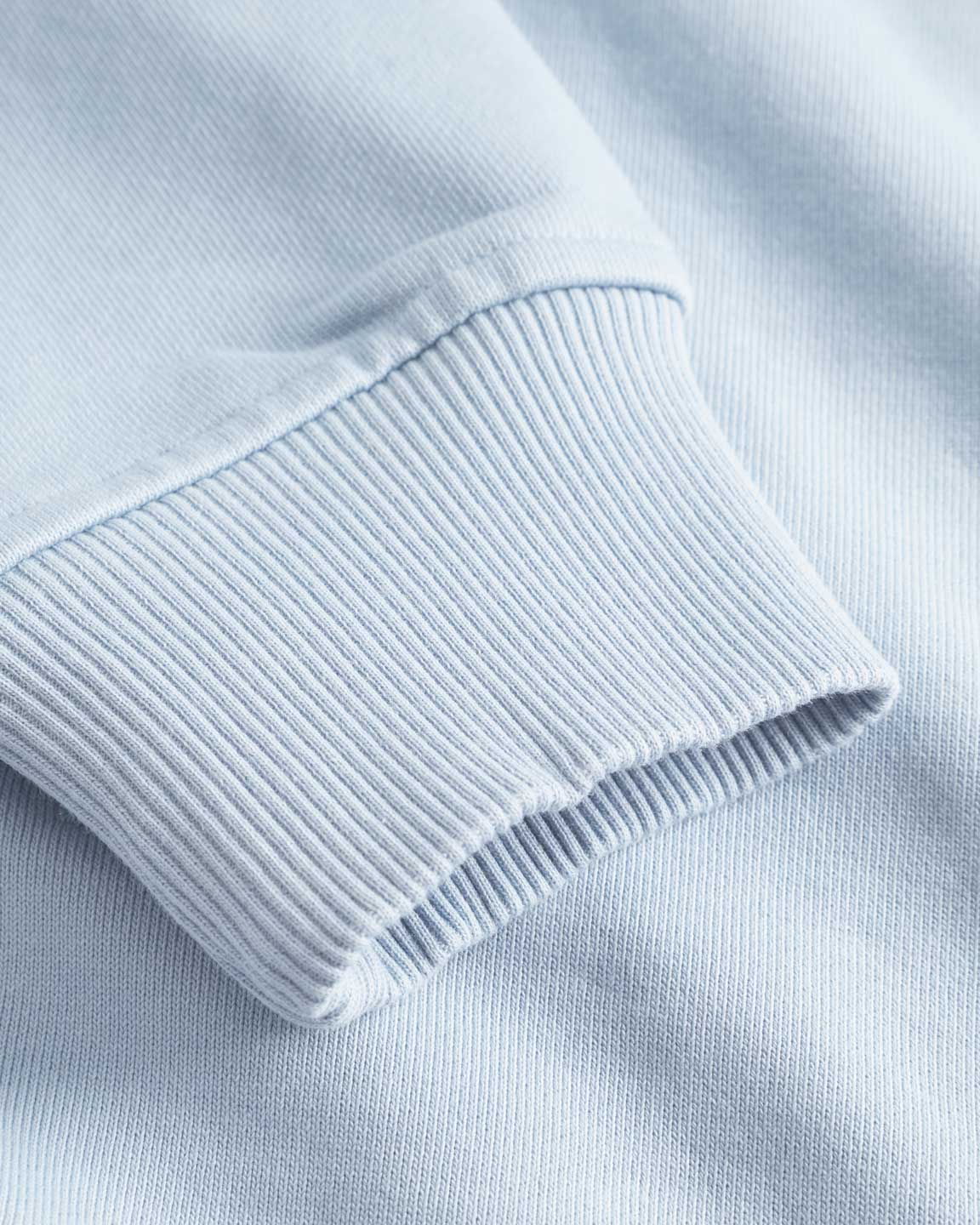 Close up of ribbed cuffs on a baby blue hoodie