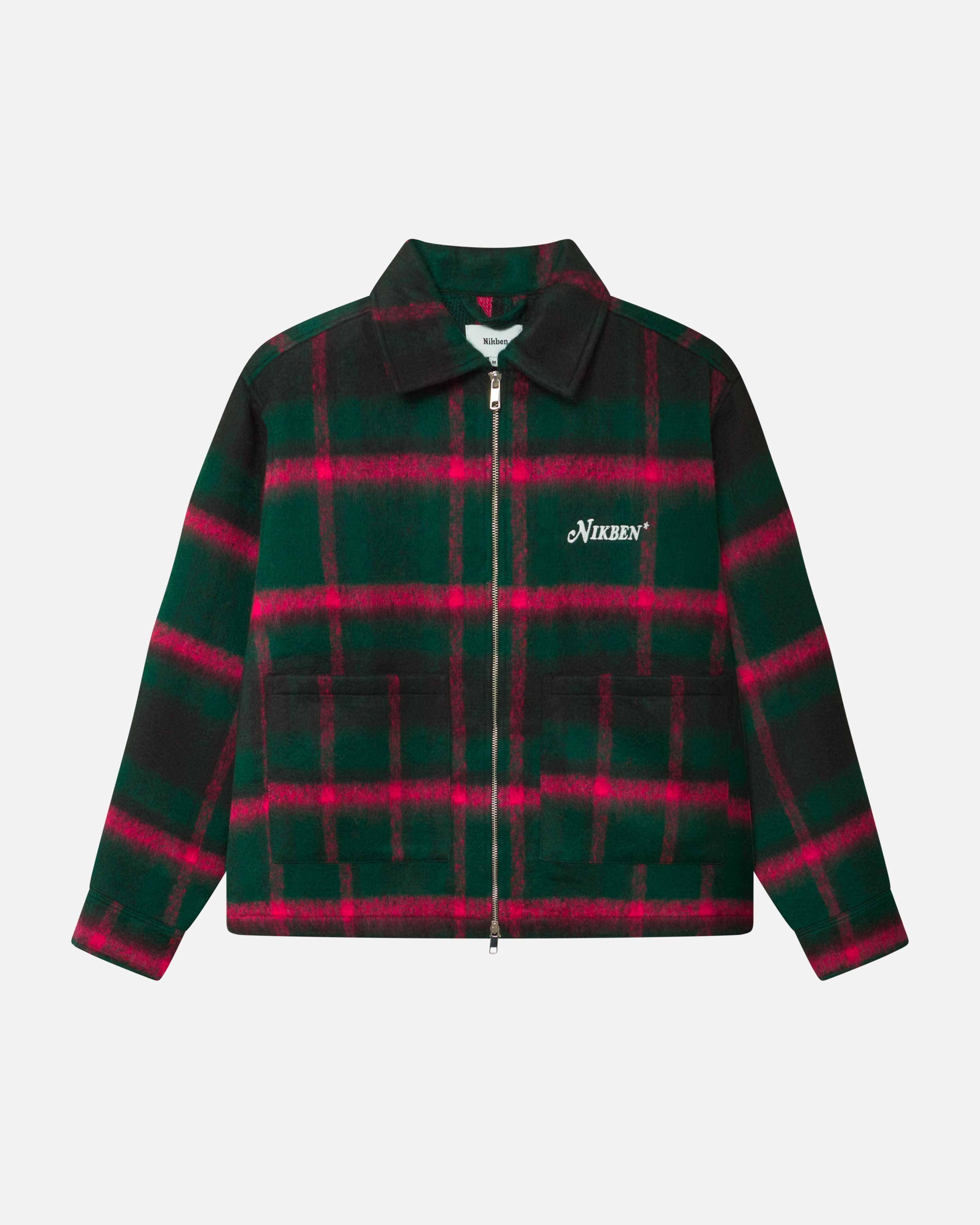 Green and pink colored lumberjack jacket with pockets, full zipper and embroidered Nikben logo 