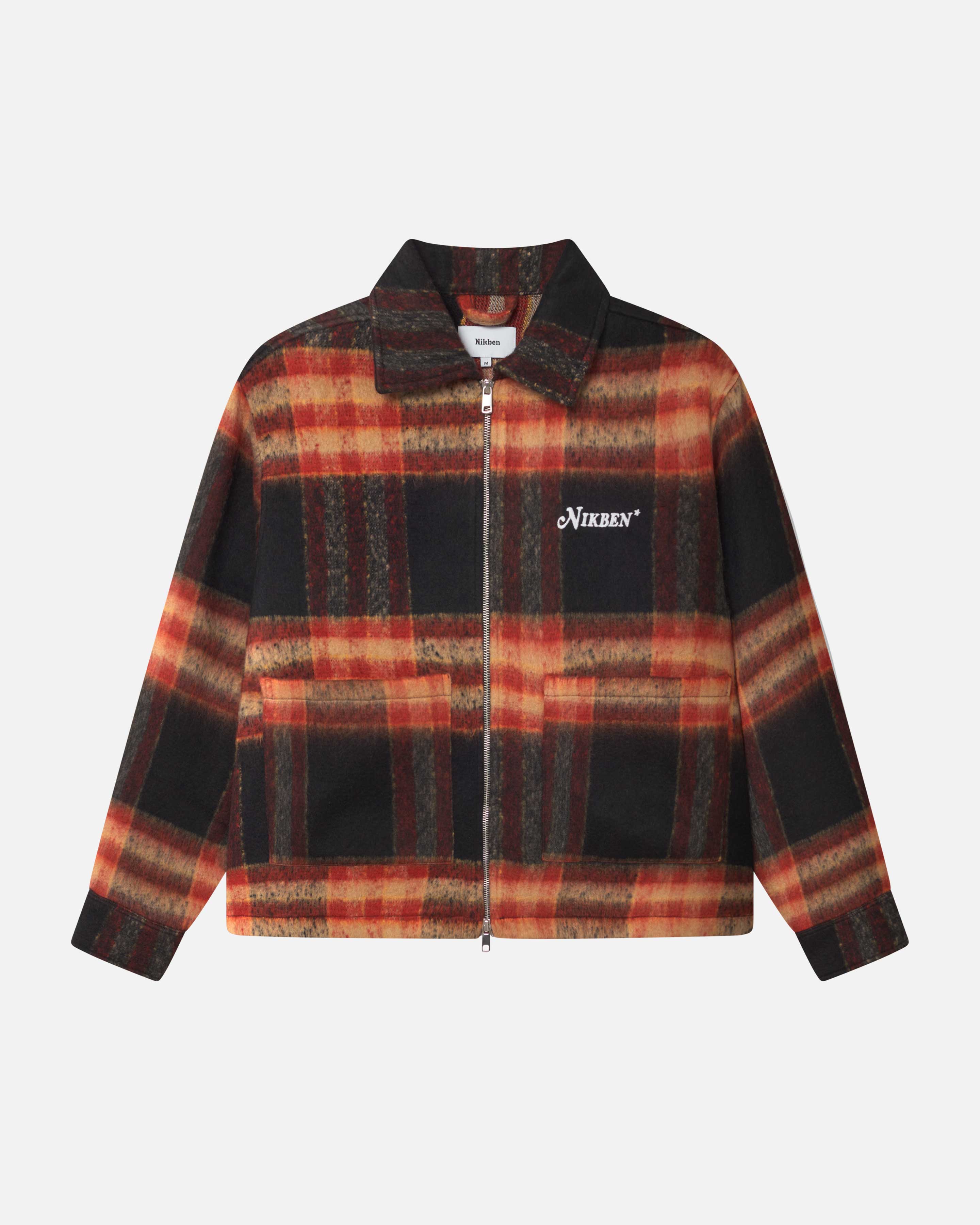 Orange red colored lumberjack jacket with pockets, full zipper and embroidered Nikben logo 