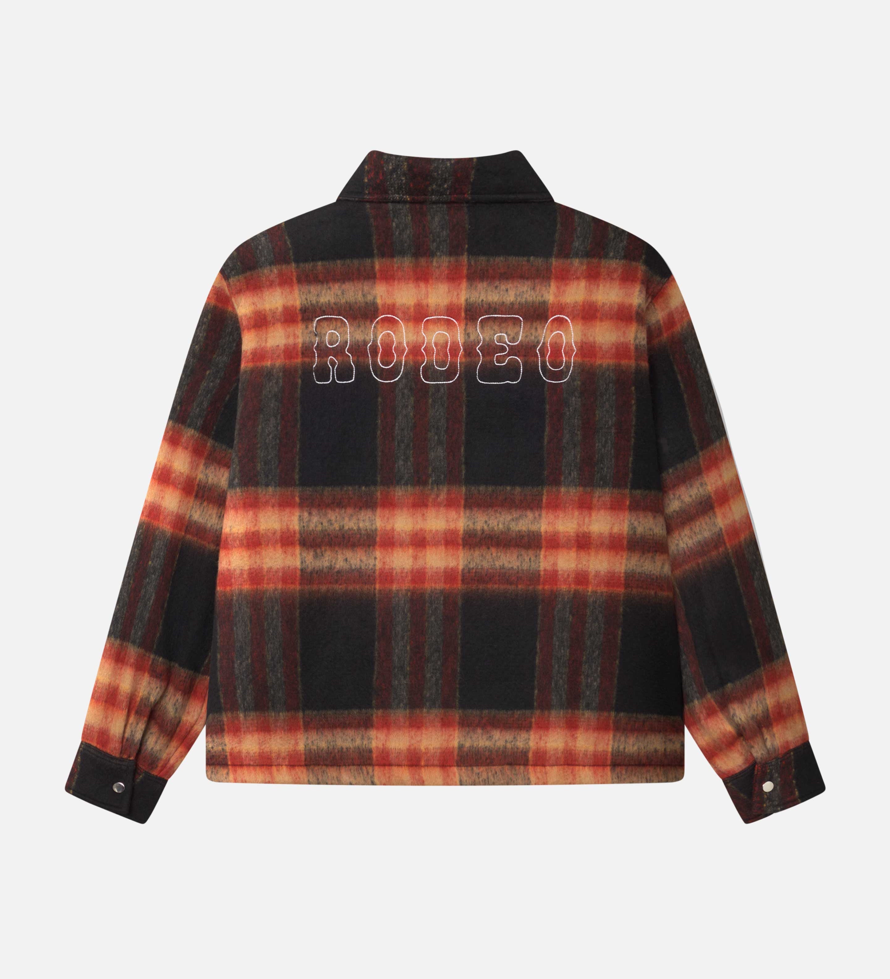 Back of an orange red colored lumberjack jacket with pockets, full zipper and embroidered Nikben logo 