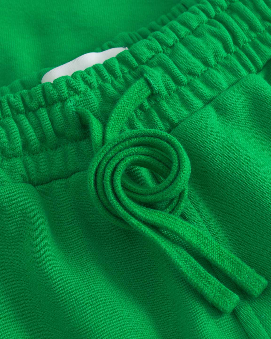 Close up of drawstrings on green sweatpants