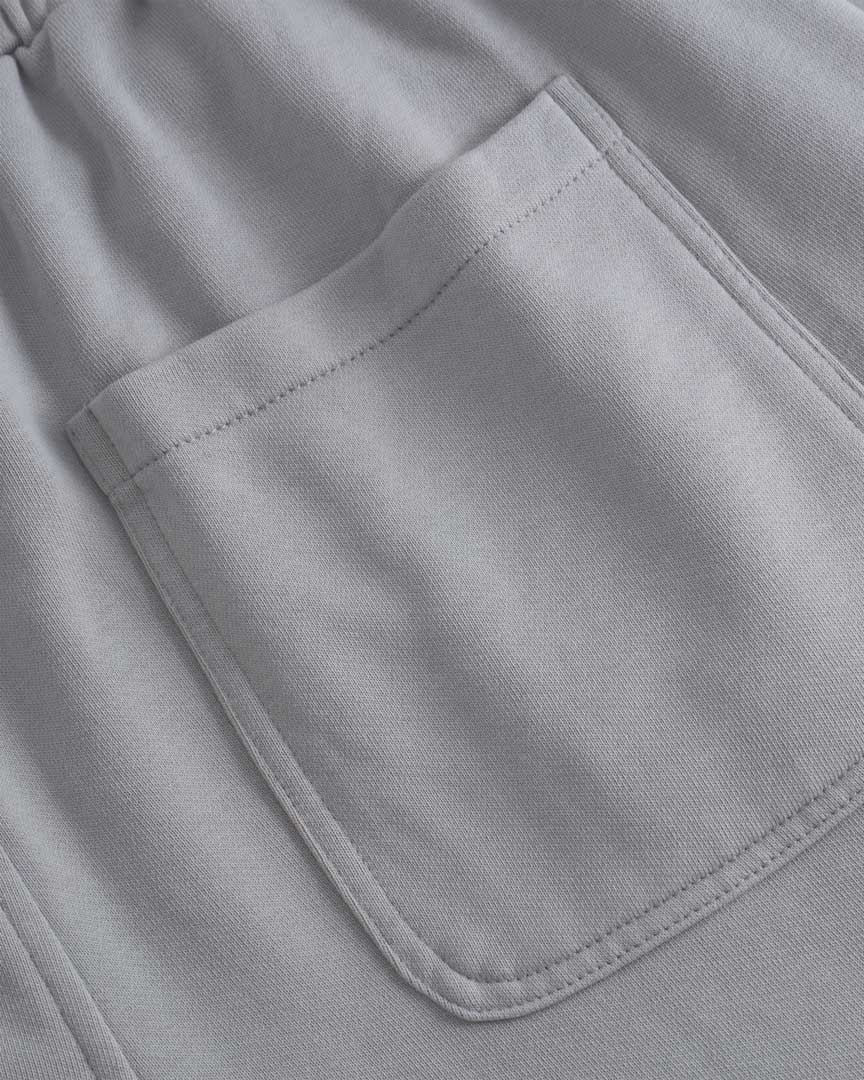 Close up of back pocket on Grey sweat pants