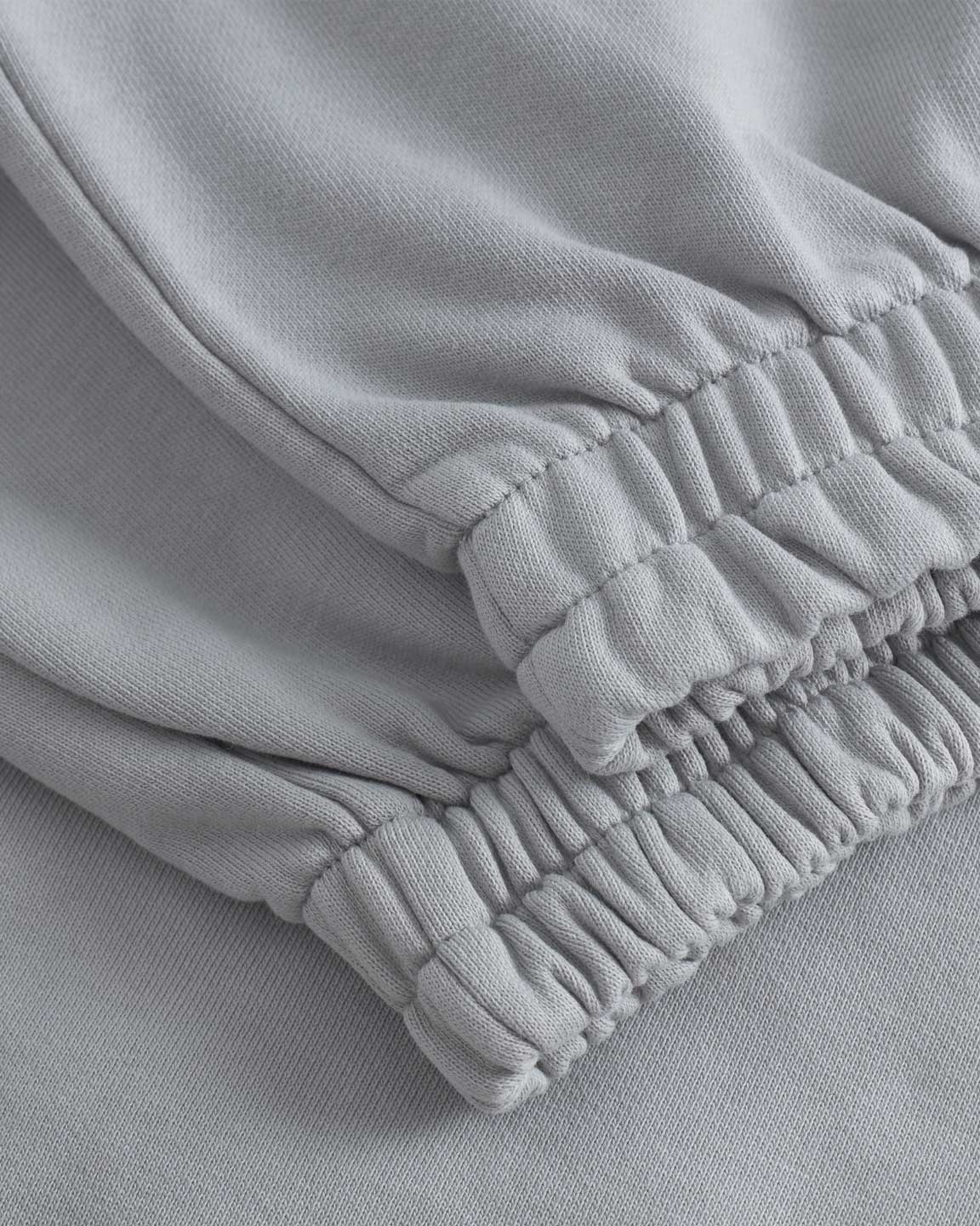 Close up of ribbed cuffs on grey sweat pants