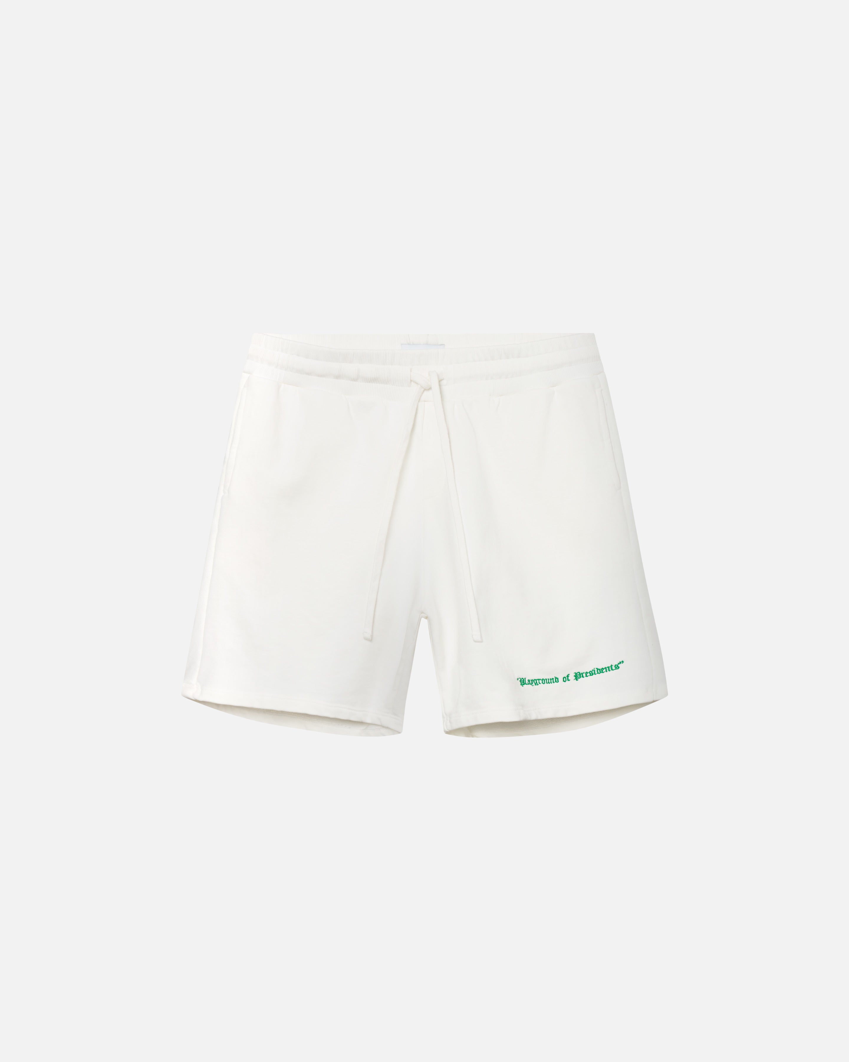 White jersey shorts with drawstrings and green embroidery