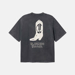 Black t-shirt with a white cowboy boot graphic and text on the back.