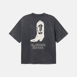 Black t-shirt with a white cowboy boot graphic and text on the back.