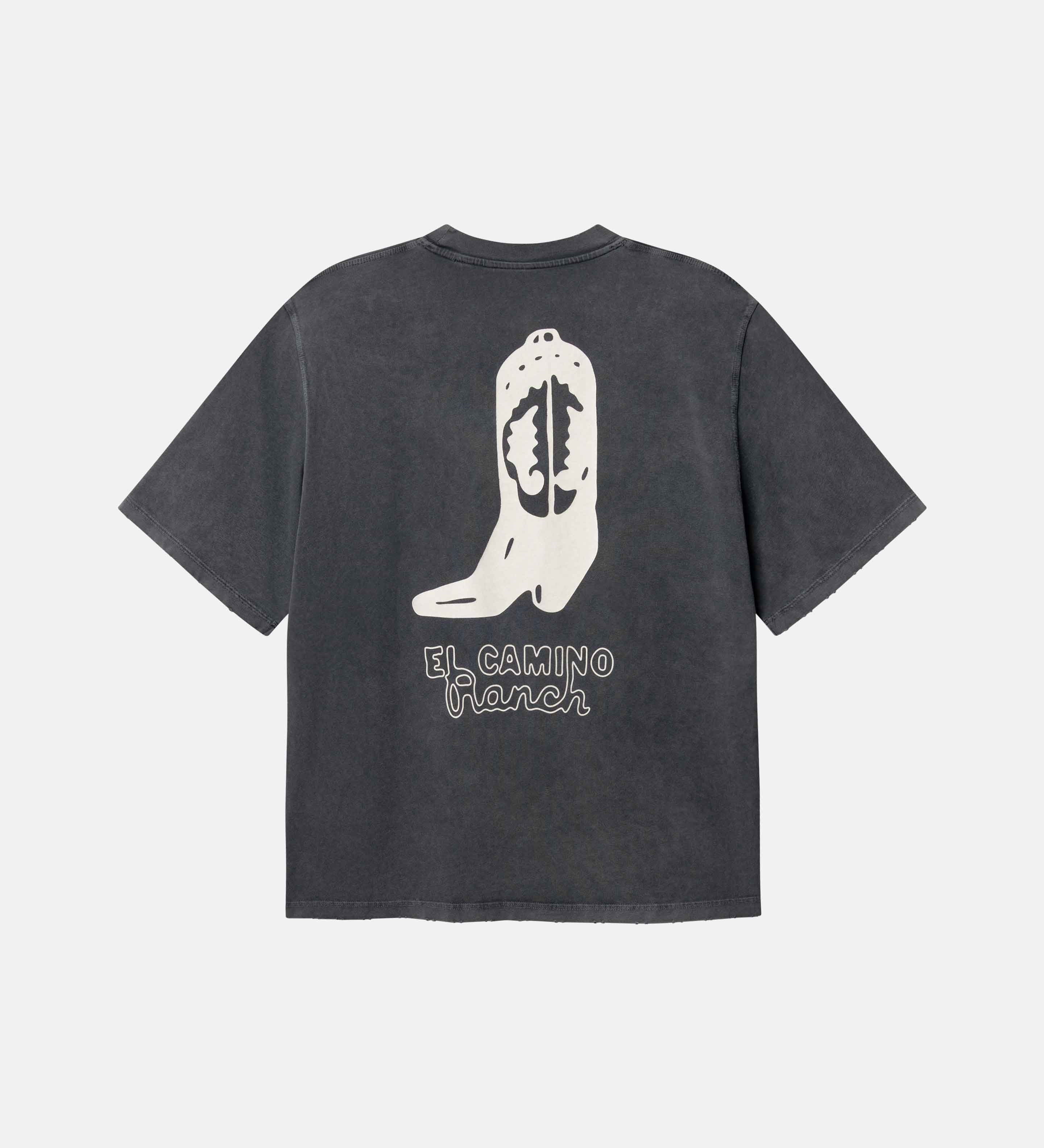 Black t-shirt with a white cowboy boot graphic and text on the back.