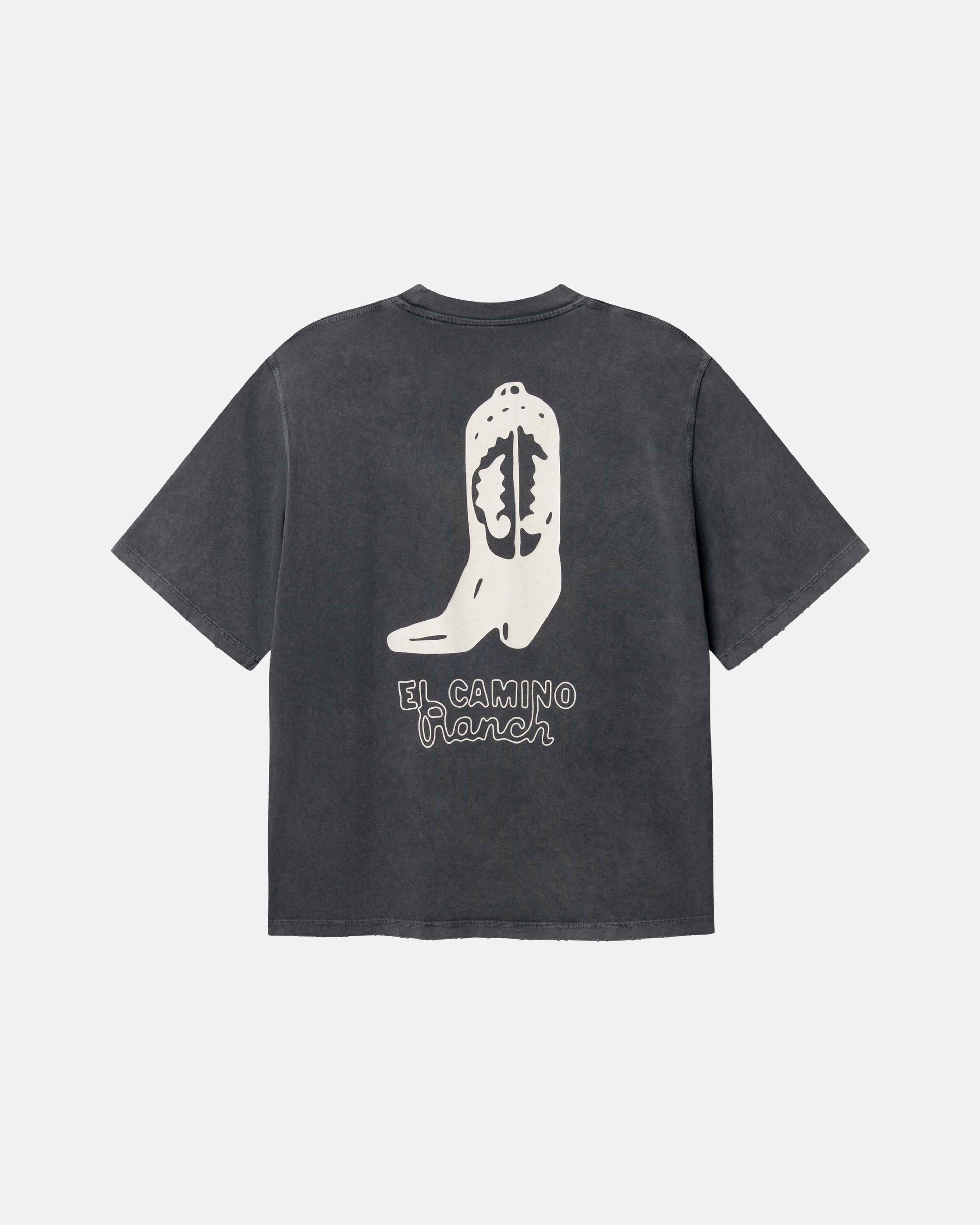 Black t-shirt with a white cowboy boot graphic and text on the back.